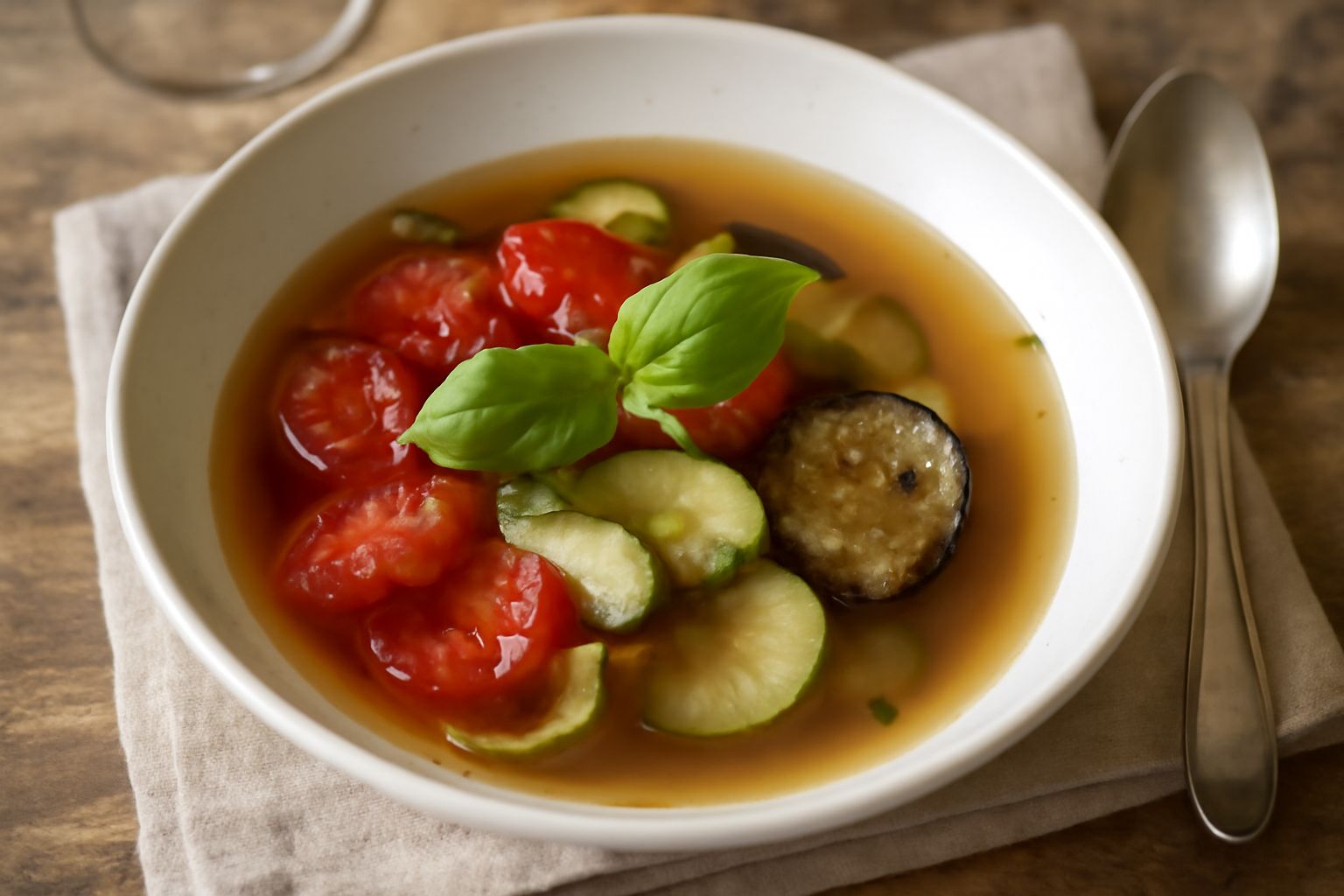 Minestra in ciotola bianca con verdure soffici appassite, brodo trasparente, basilico verde e fette di pane tostato a lato su tavolo di legno