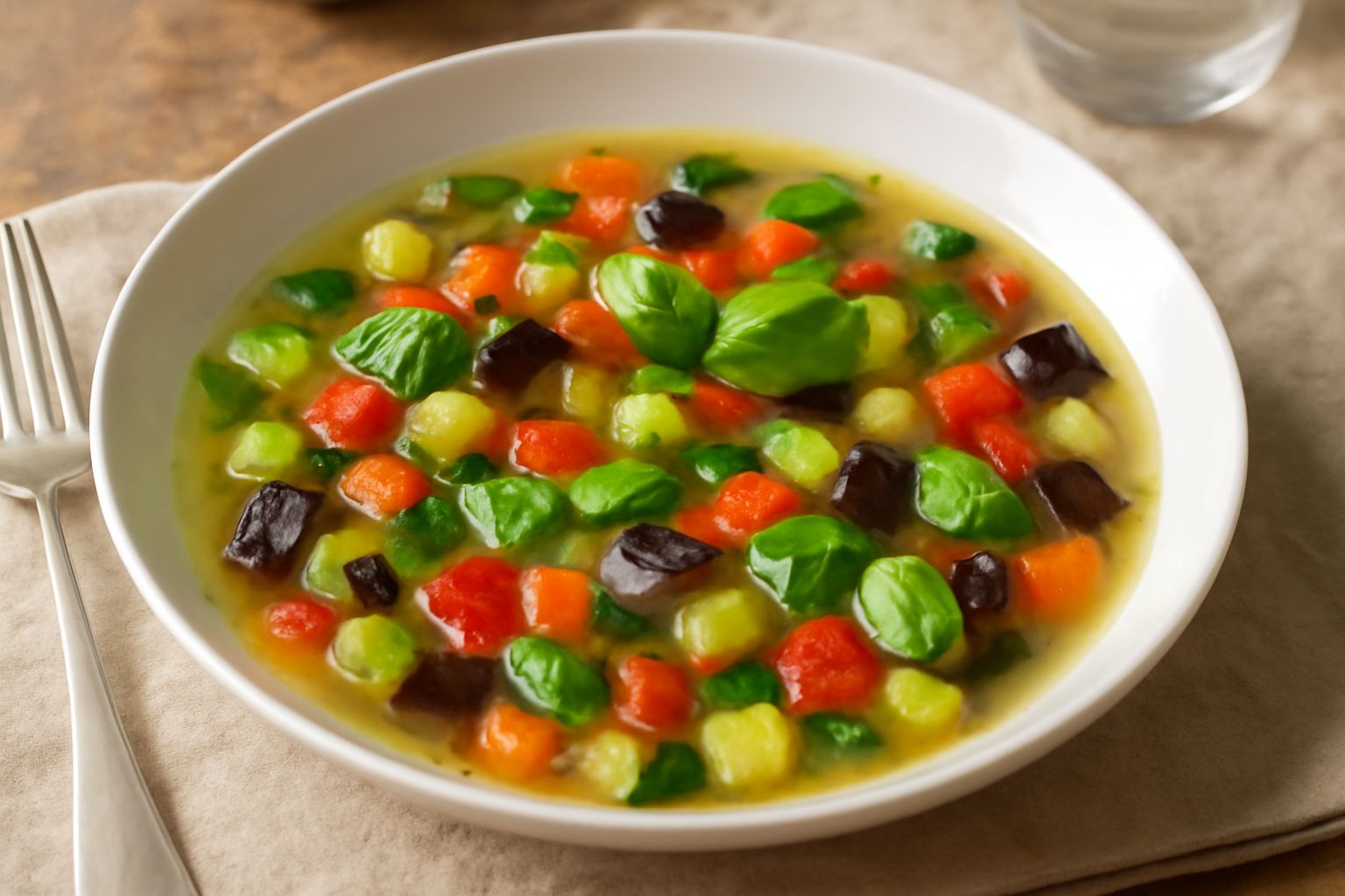 Minestra d'estate in una ciotola di ceramica bianca: brodo trasparente color ambra con cubetti di zucchina verde, melanzana viola, pomodori rossi, foglie di basilico fresco galleggianti in superficie,