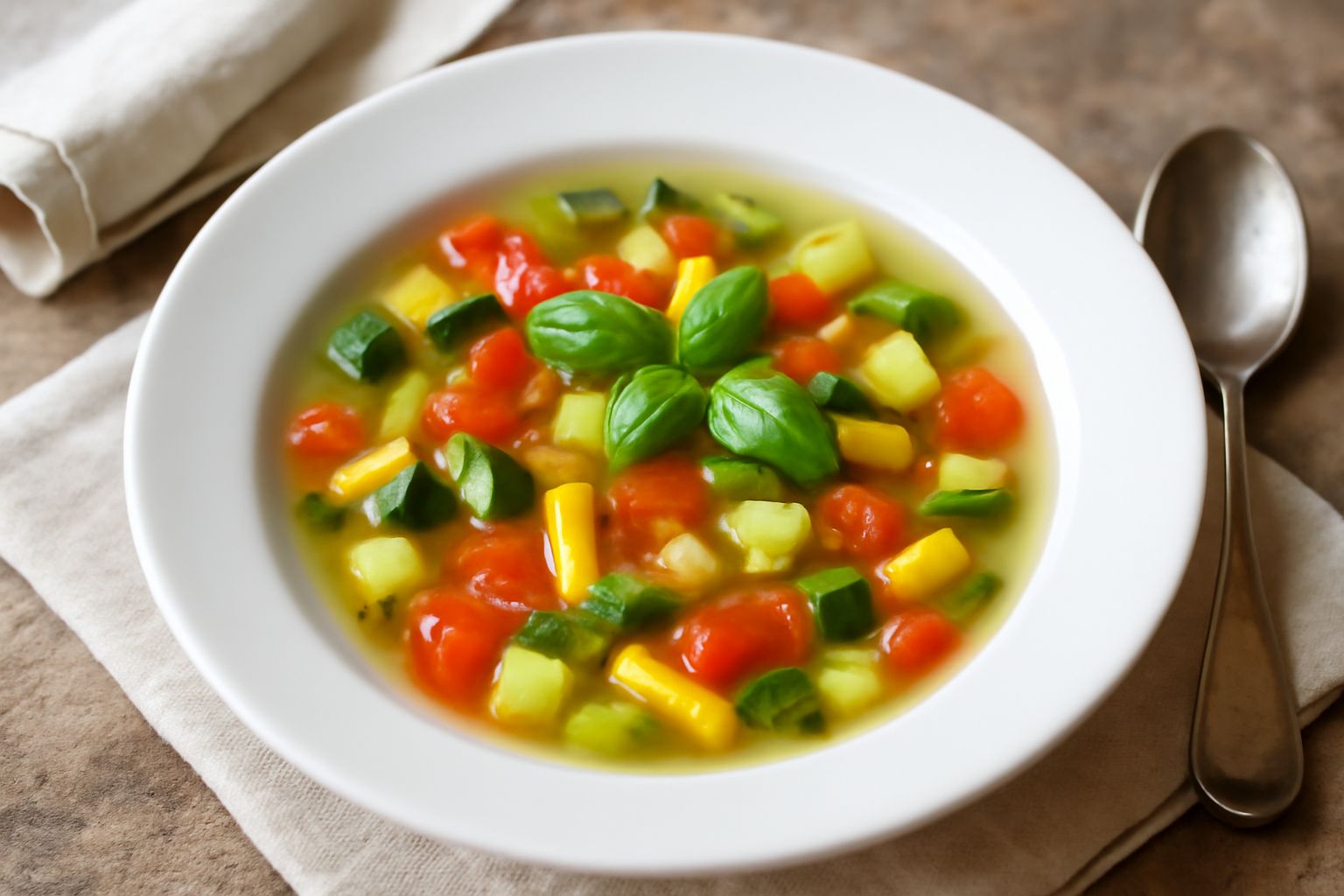 Ciotola di minestra d'estate con zucchine verdi tagliate a dadini, pomodori rossi, fagiolini interi, basilico fresco verde e brodo chiaro, servita su piatto bianco con cucchiaio di legno