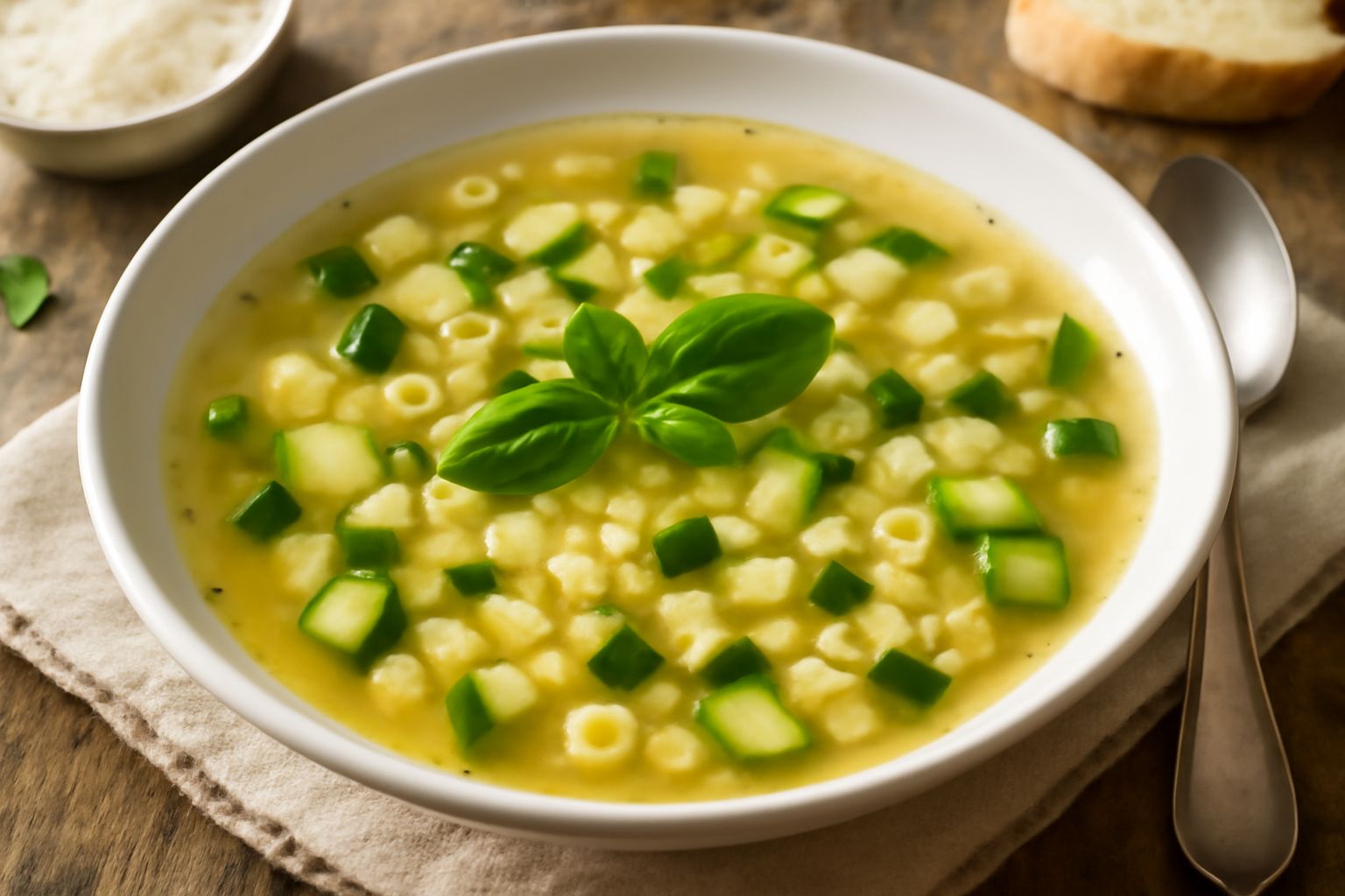 Minestra in ciotola bianca con zucchine verdi tagliate a dadini, pasta piccola traslucida, brodo trasparente, foglia di basilico fresco verde sul bordo, cucchiaio dentro