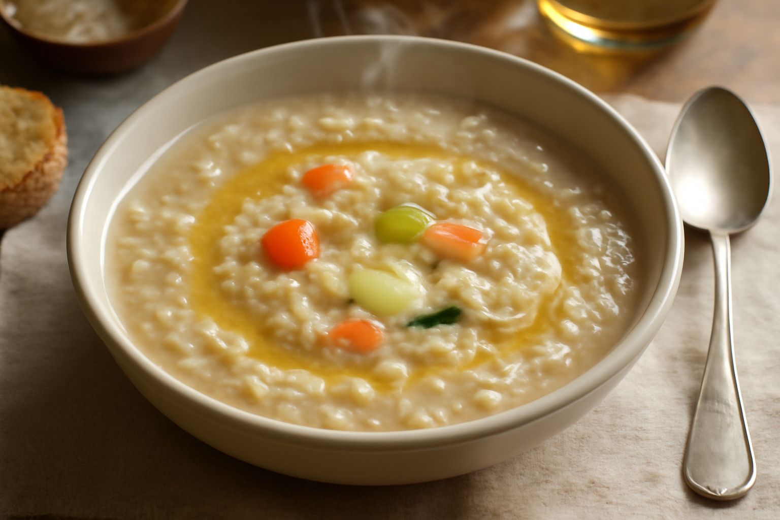 Minestra di avena cremosa in ciotola bianca, colore beige uniforme, con una striscia di olio d'oliva in superficie, gambo di prezzemolo fresco verde scuro, briciole di pane tostato ai bordi, piatto vi