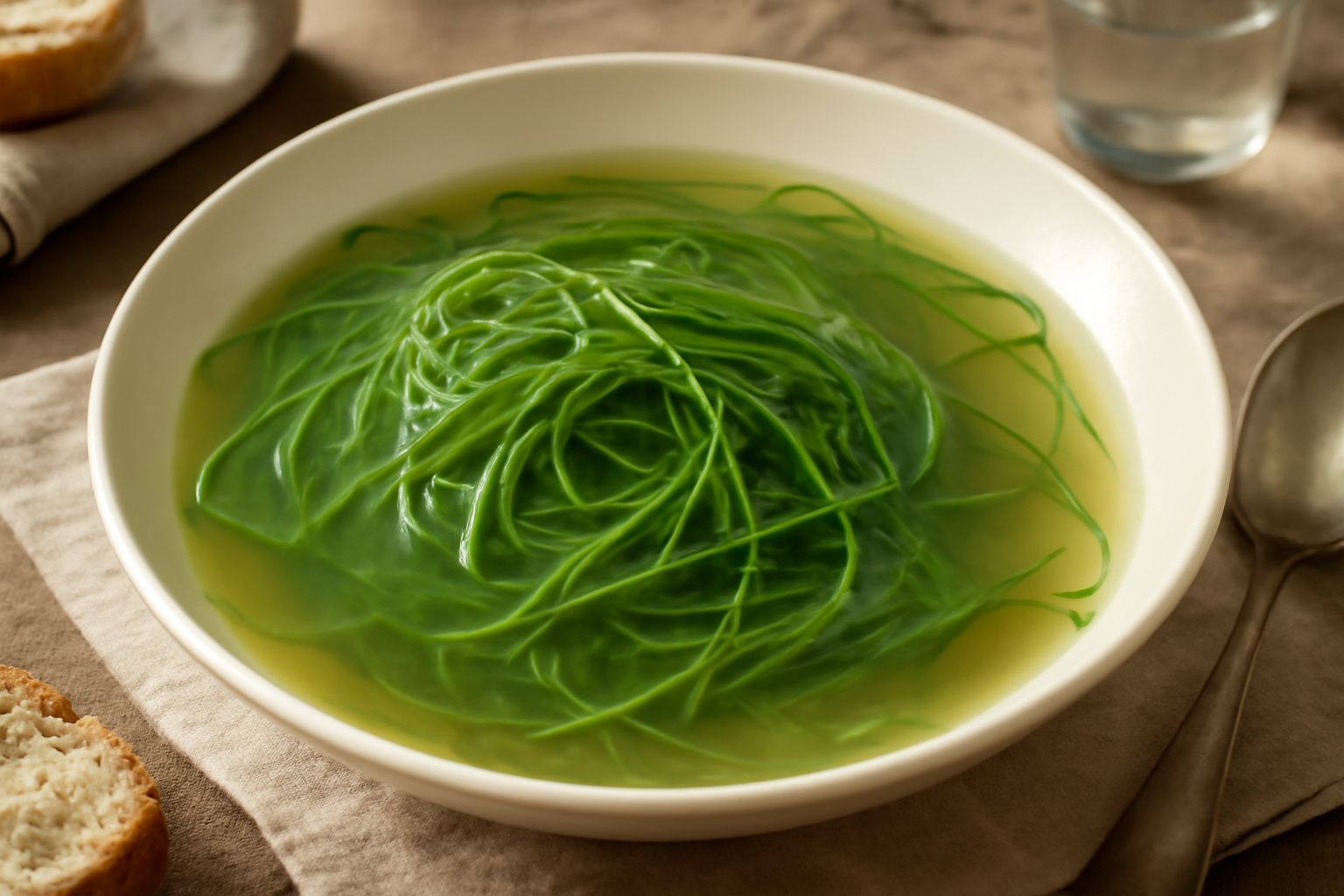 Ciotola di minestra con ortaggio verde barba di frate, brodo trasparente ambrato, prezzemolo fresco e filo d'olio a vista, servita su tavolo di legno scuro con cucchiaio in ceramica
