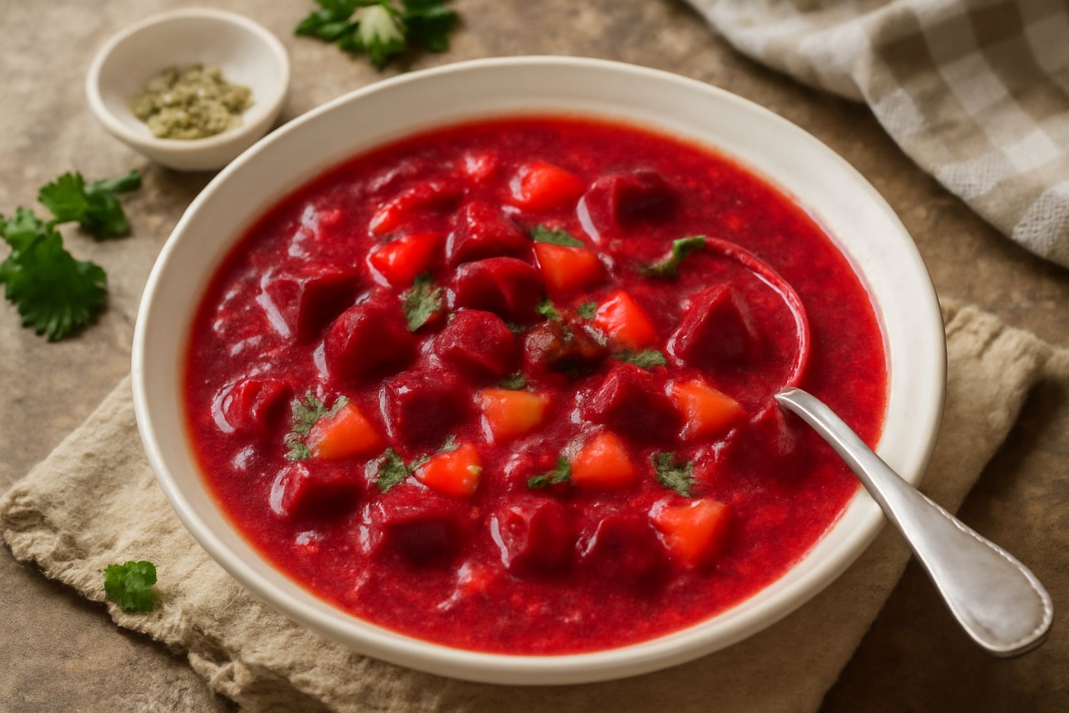 Ciotola di minestra di barbabietola con colore rosso vivo, patate e carote visibili nel brodo, decorata con una foglia di prezzemolo verde, servita in un piatto bianco fondo con cucchiaio di legno