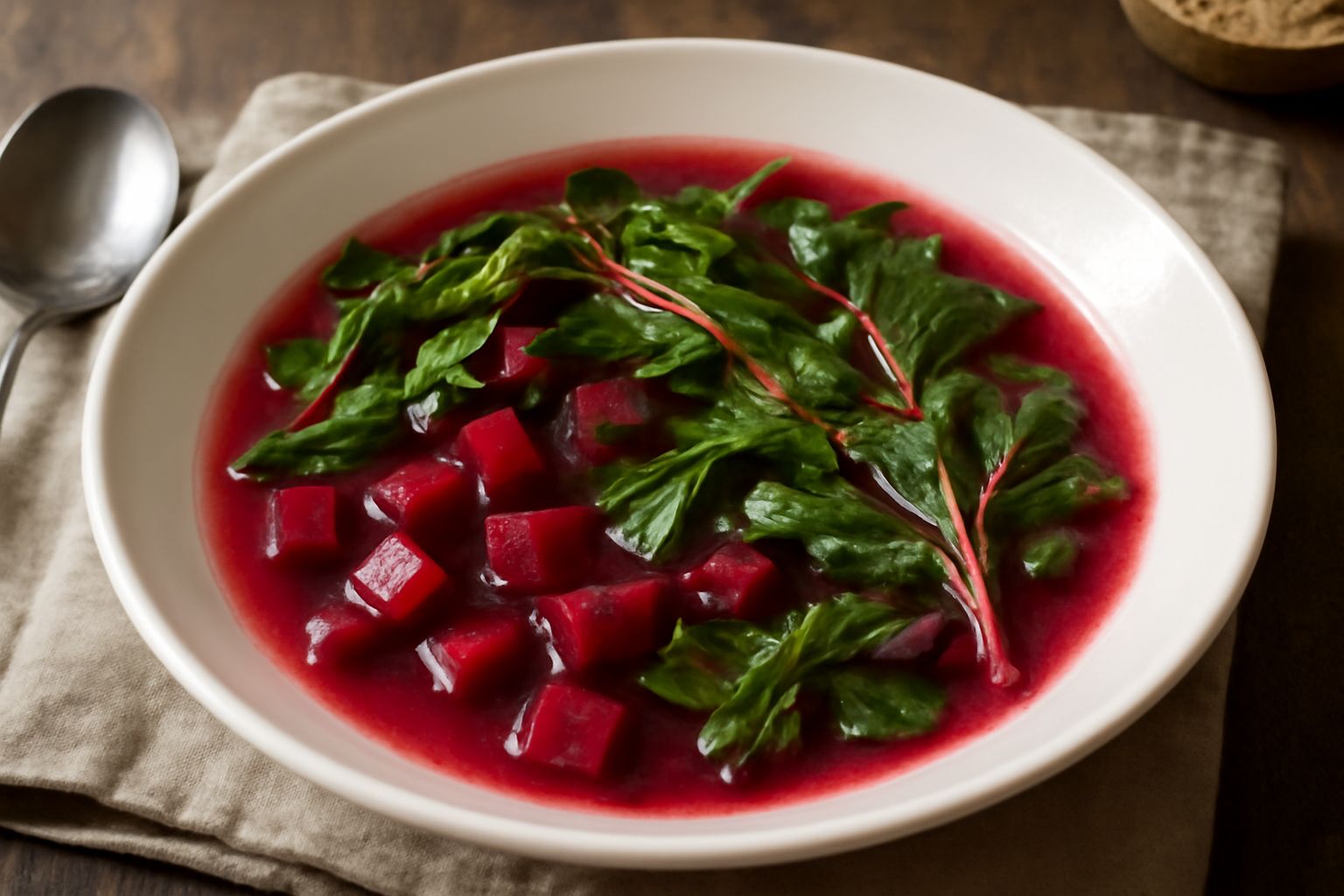 Minestra di barbabietola in ciotola di ceramica bianca, brodo rosa acceso con dadini di barbabietola rossa, foglie verdi tenere e cipolle dorate, servita con cucchiaio in legno su tavolo di stoffa col