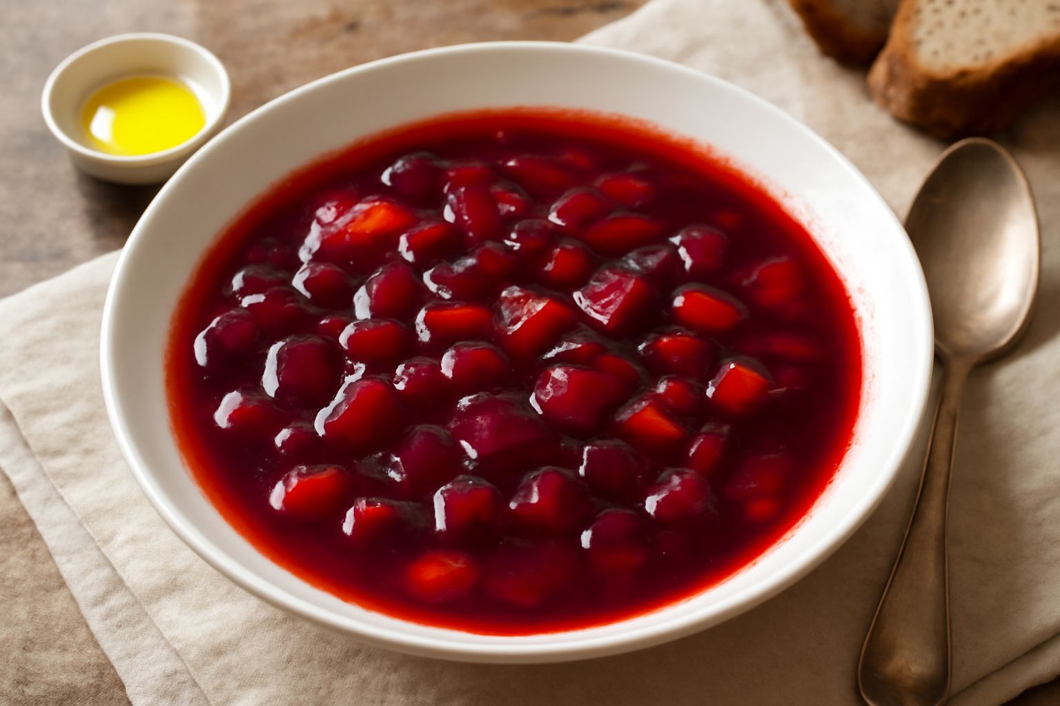 Una ciotola di minestra di barbabietole rosso scuro con verdure tagliate a pezzi, brodo trasparente, servita su sfondo bianco con cucchiaio in acciaio