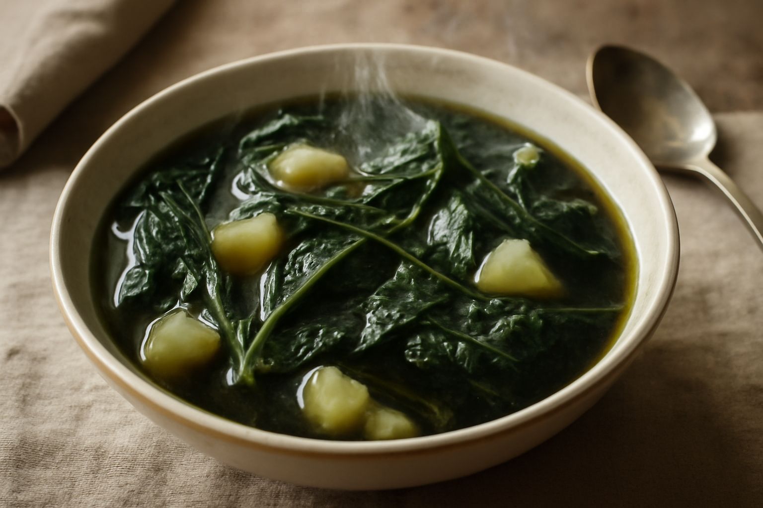 Ciotola di ceramica bianca con minestra di bietola: foglie verdi scure intere, pezzi di patata gialla, brodo trasparente, filo di olio d'oliva in superficie, cucchiaio di legno appoggiato al bordo