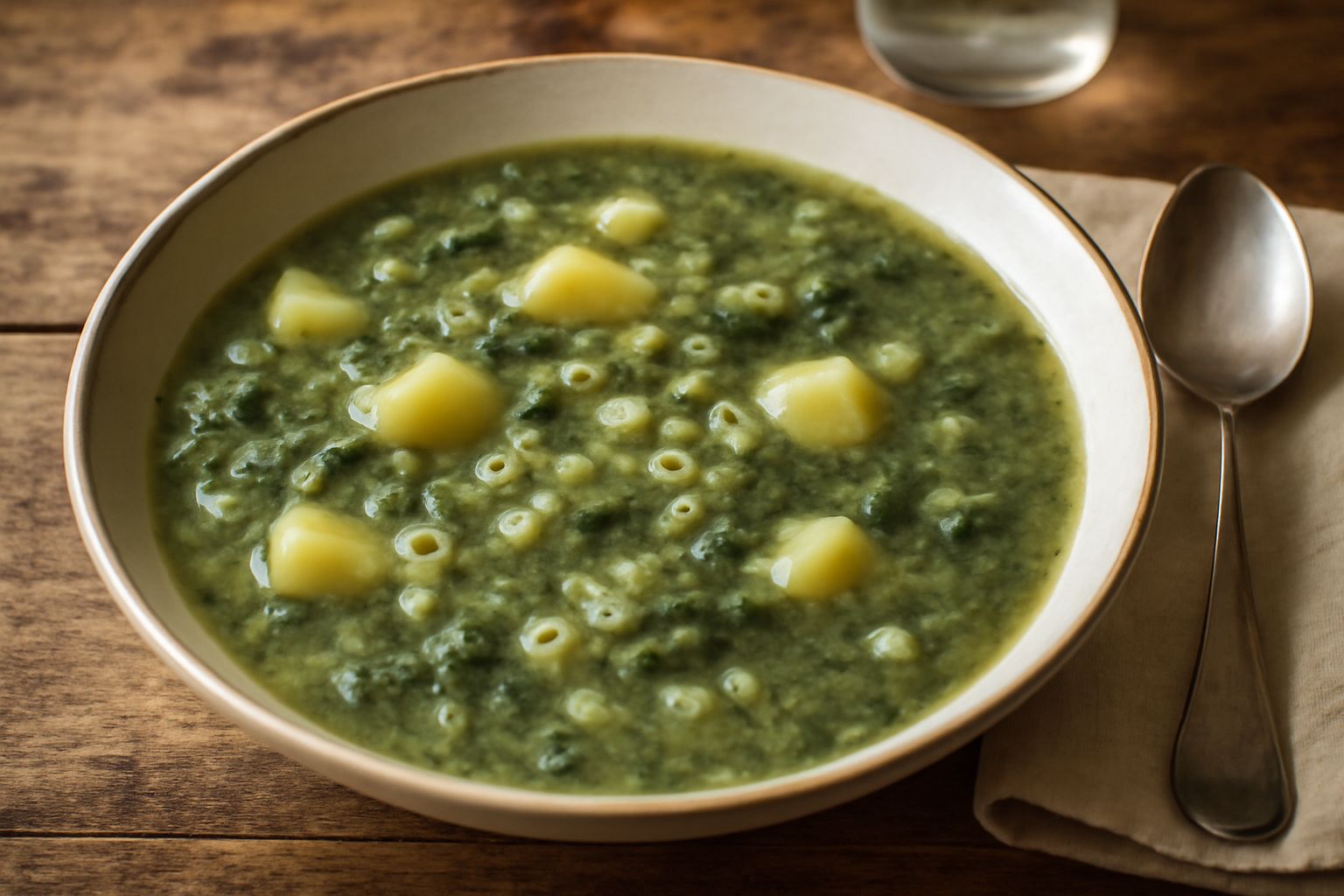 Minestra di borragine servita in una ciotola bianca, color verde tenero con patate visibili e piccola pasta, guarnita con gocce di olio d'oliva, su un tavolo di legno con uno spicchio di limone a lato