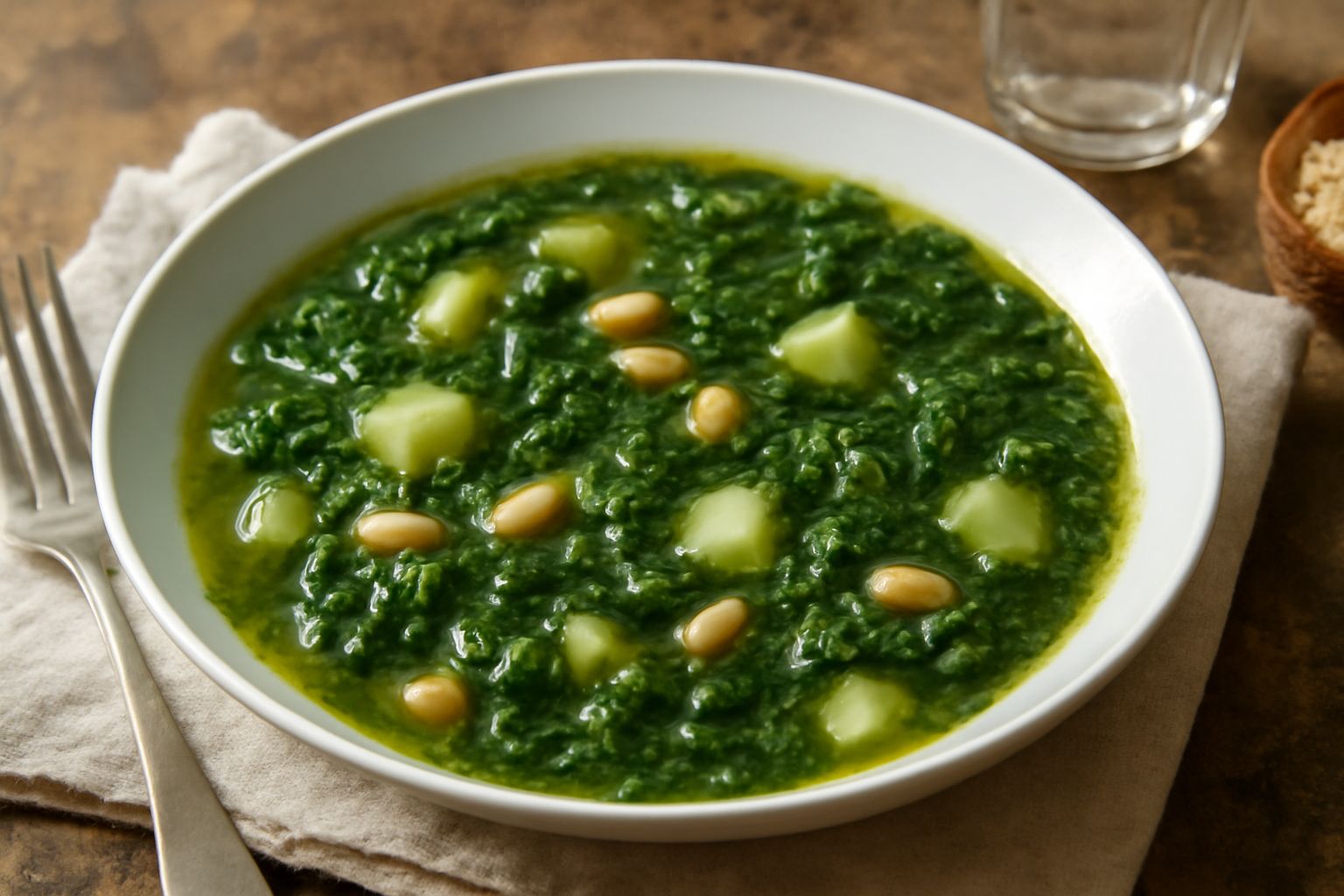 Minestra di borrana in ciotola di ceramica bianca, con brodo trasparente, foglie verdi di borrana visibili, patate tagliate a pezzi, cannellini bianchi, olio d'oliva lucido in superficie, cucchiaio in