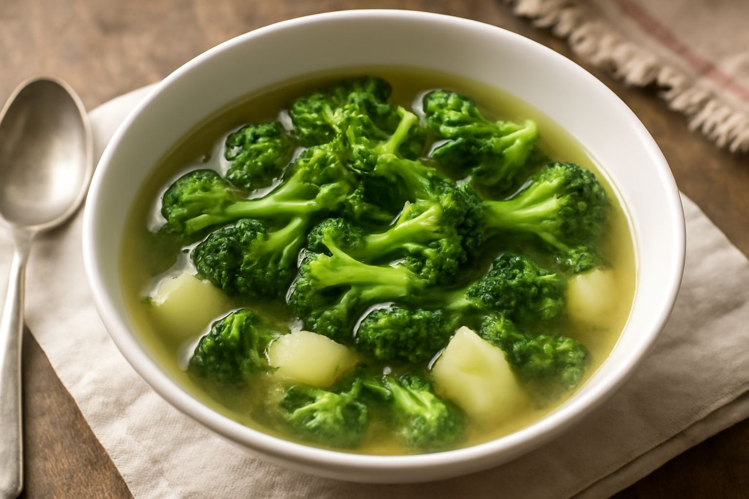 Ciotola di minestra di broccoletti con brodo trasparente, broccoletti verdi brillanti, patate in pezzi irregolari, olio d'oliva che forma lievi venature dorate in superficie, cucchiaio di legno immers