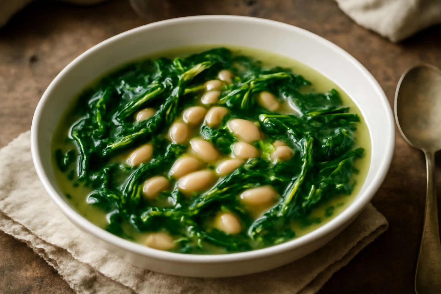 Ciotola di minestra con cannellini bianchi e cavolo verde scuro in brodo chiaro, guarnita con filo di olio d'oliva e pepe nero, servita su tavolo di legno con cucchiaio in acciaio