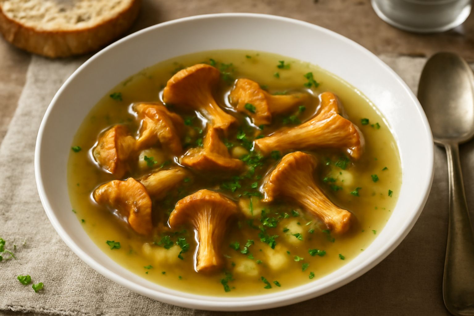 Minestra di cantarelli in piatto fondo bianco: brodo giallo dorato, funghi cantarelli giallo-arancio interi, patate tagliate a dadini, prezzemolo verde fresco sparso in superficie, cucchiaio in acciai