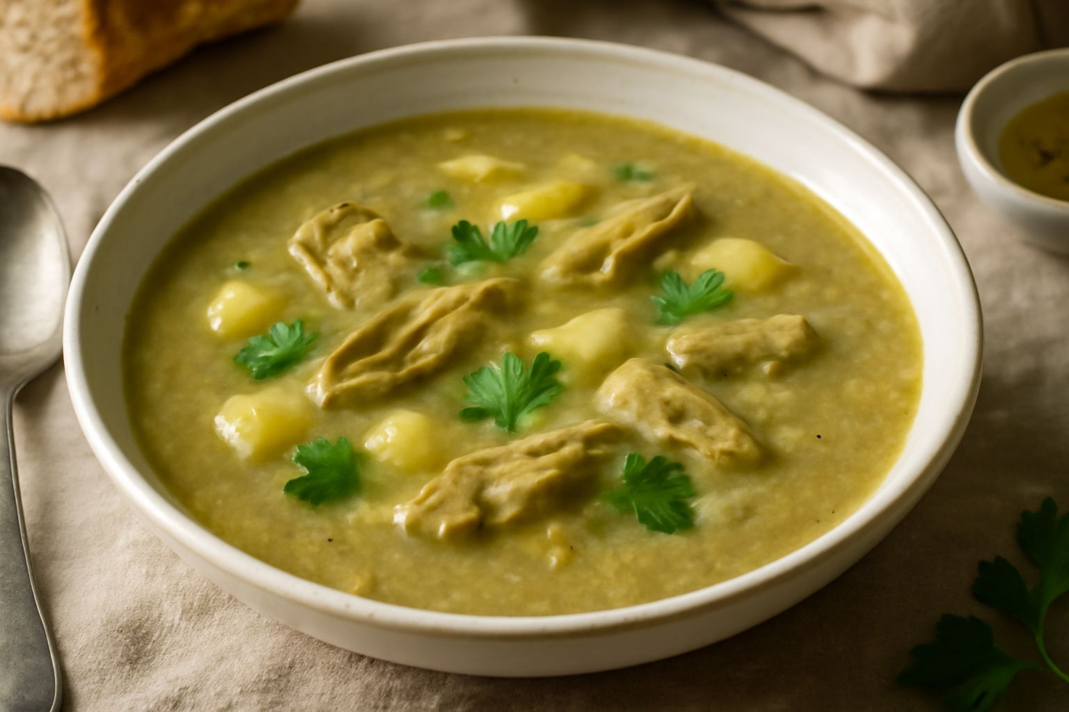 Minestra di carciofi in ciotola bianca: brodo trasparente color giallo verdognolo, pezzi morbidi di carciofi e patate, foglie di prezzemolo fresco in superficie, cucchiaio di metallo sulla sinistra