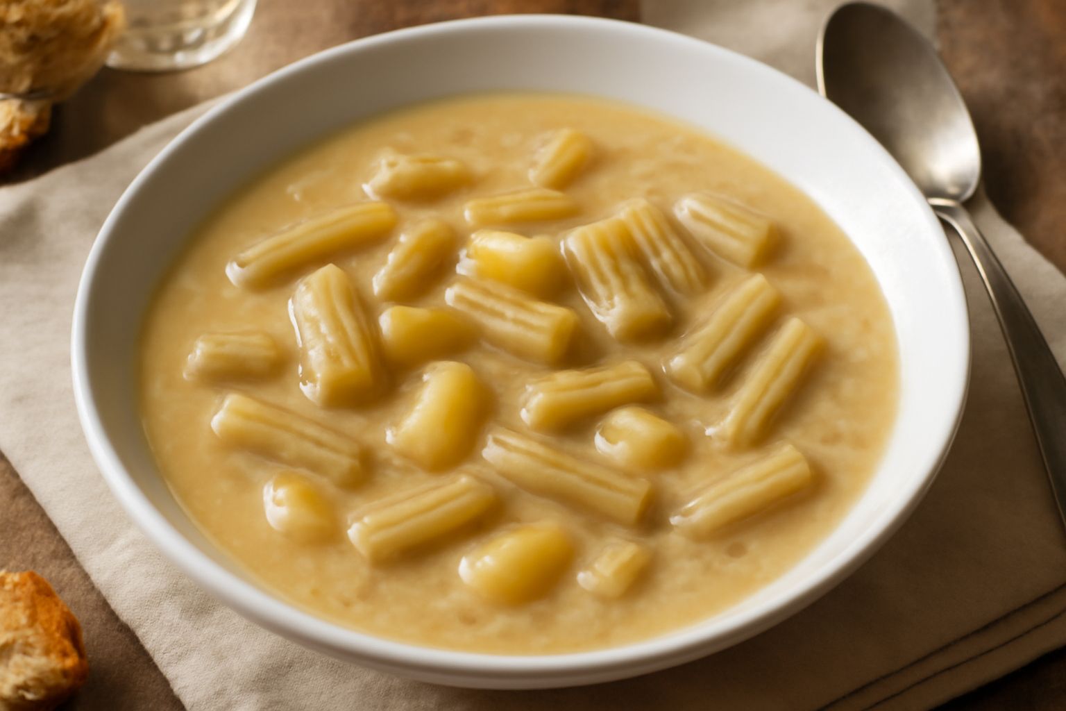 Ciotola di minestra di cardi cremosa con pezzi di cardo bianco e patata gialla in brodo trasparente, decorata con prezzemolo fresco tritato su superficie color crema