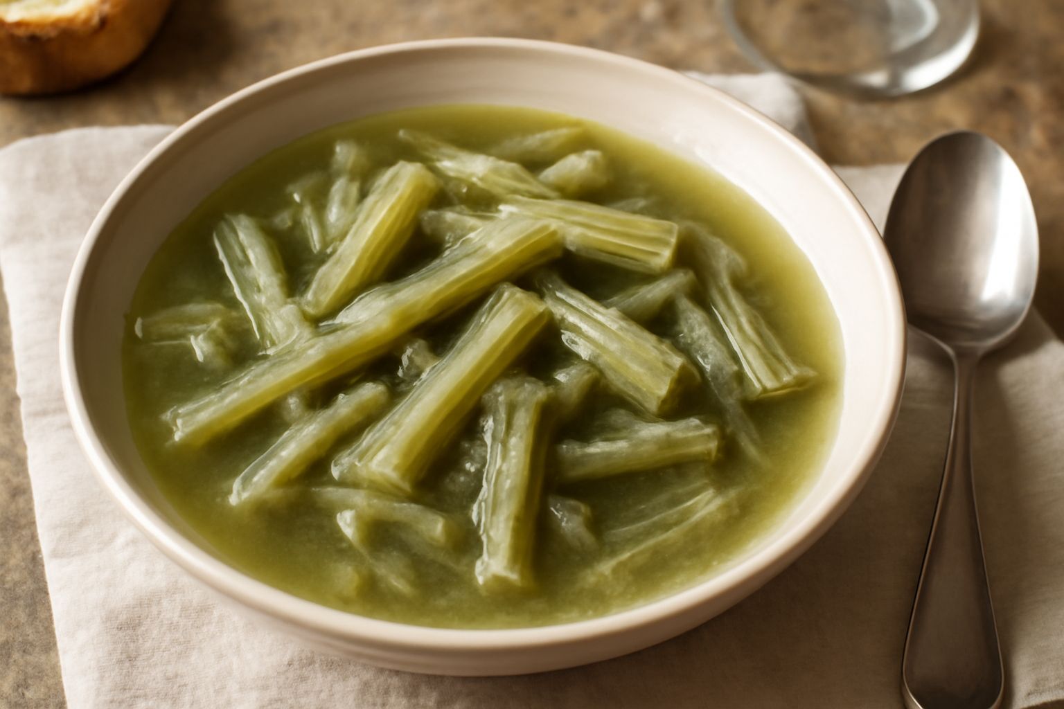 Una ciotola di minestra con cardi selvatici verdi e teneri immersi in brodo chiaro, guarnita con pane tostato su un piatto bianco con cucchiaio di legno