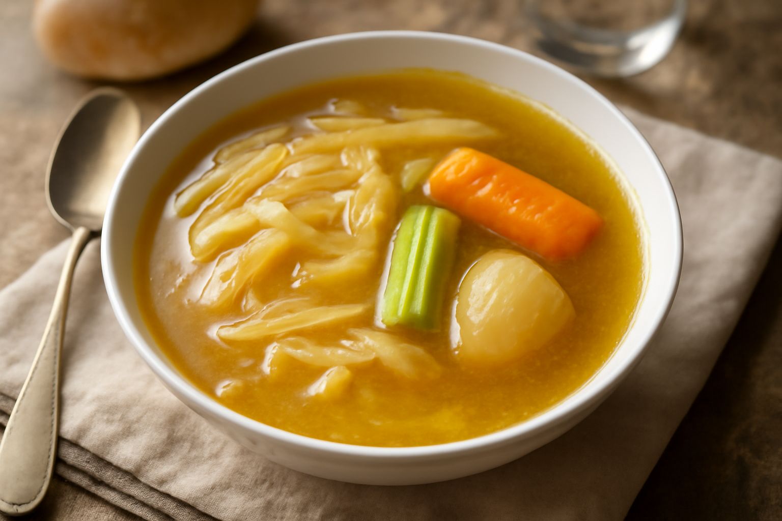 Minestra di cardone in ciotola di ceramica bianca, brodo trasparente color ambra con pezzi teneri di cardo, fettucce di carota arancione, sedano verde, pane tostato a lato, tovaglia lino naturale