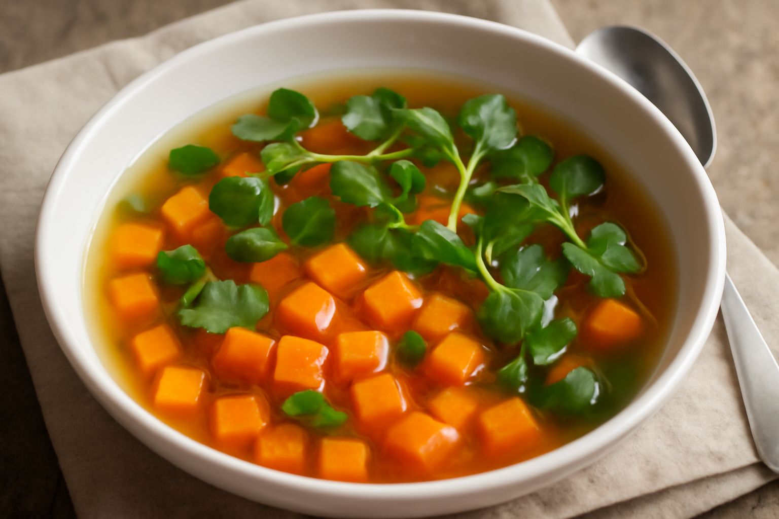 Minestra di carote e crescione in ciotola bianca, brodo trasparente color ambra con cubetti di carota arancione e foglie verdi di crescione, guarnita con un filo d'olio, su sfondo neutro