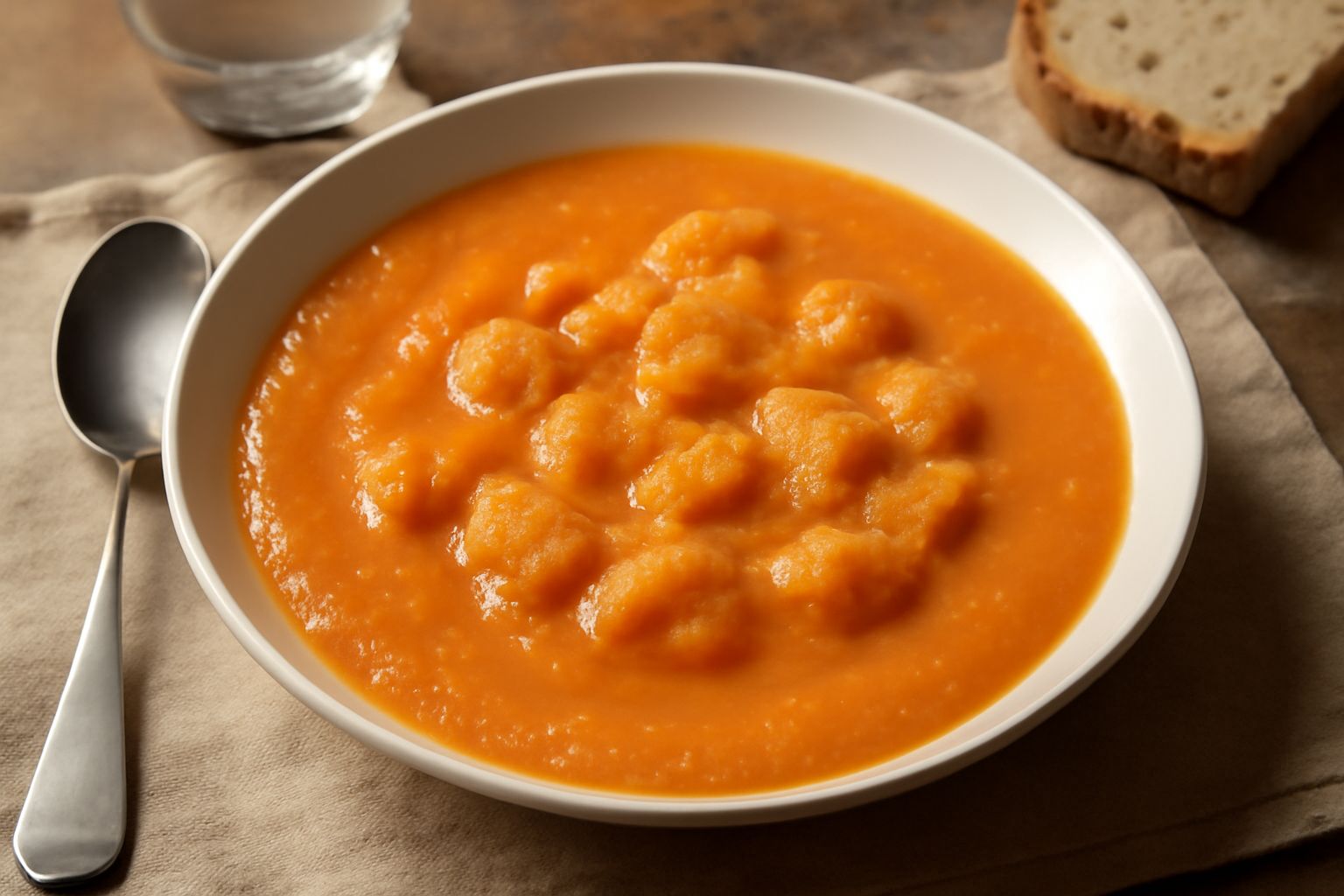 Minestra di carote e pane servita in ciotola bianca, colore arancione brillante, superficie cremosa con fettine di pane integrato, olio di oliva a gocce, foglia di prezzemolo fresco