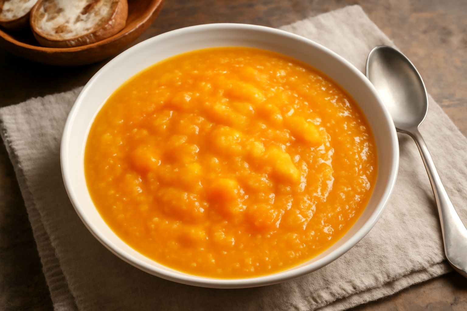 Minestra cremosa in ciotola bianca, colore arancione omogeneo con pezzi visibili di carota e patata, servita con cucchiaio e fetta di pane tostato accanto
