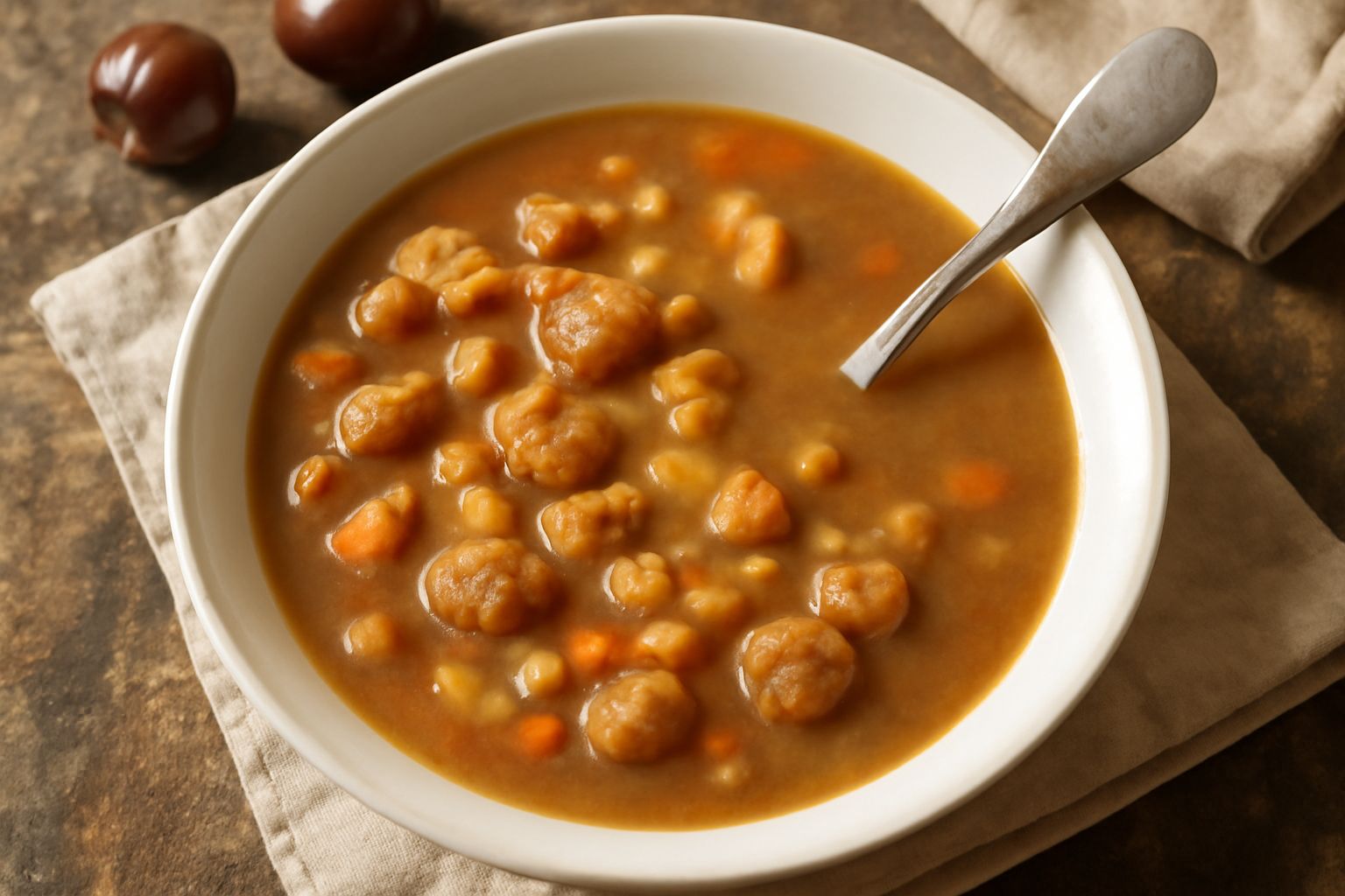 Minestra di castagne in ciotola di ceramica bianca, brodo dorato che affiora, pezzetti di castagne visibili in superficie, gambo di prezzemolo fresco sopra, cucchiaio di legno a lato
