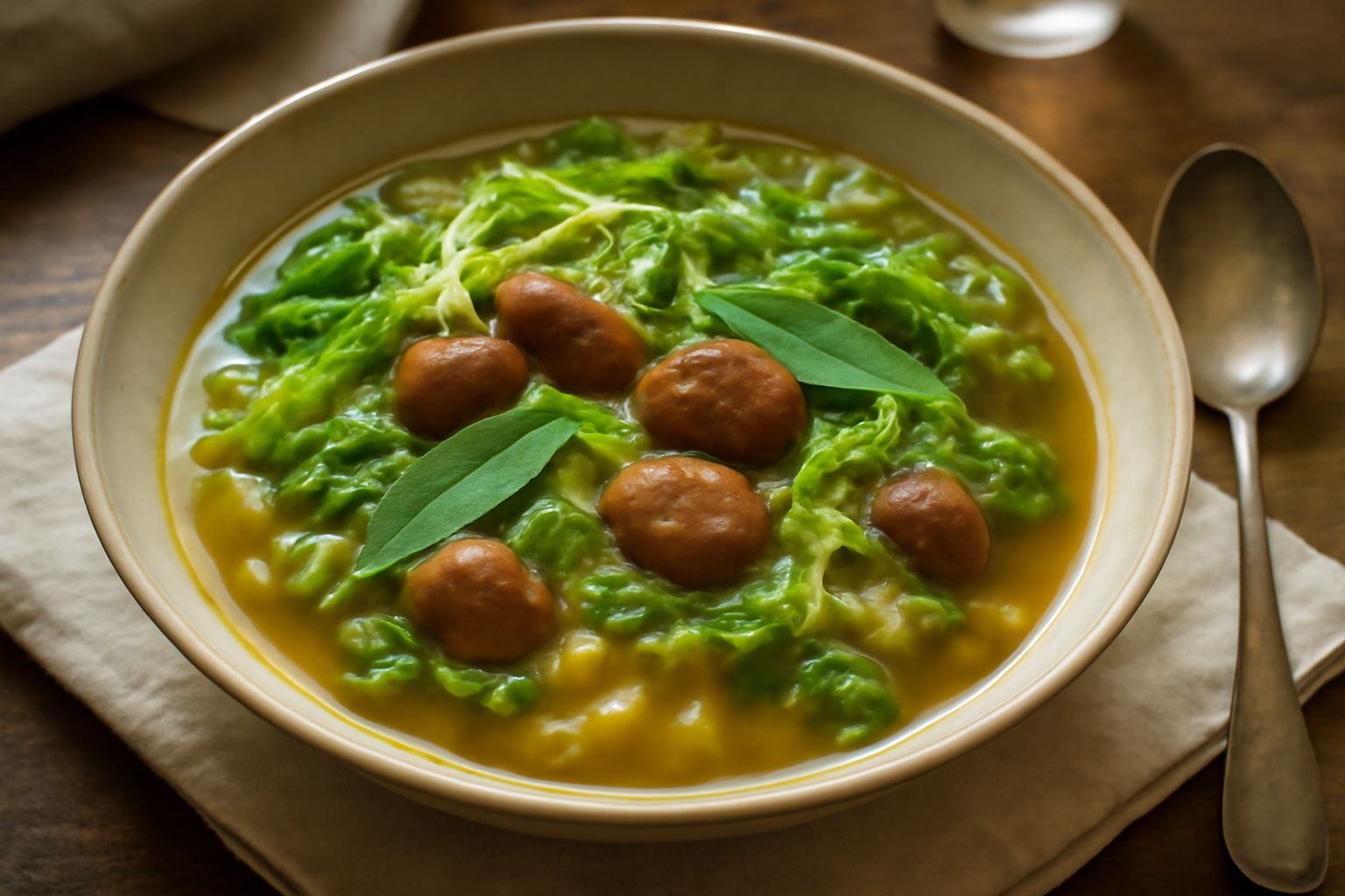 Ciotola di minestra fumante con cavolo verde, pezzi di castagna marrone, brodo trasparente e dadini di cipolla dorata al bordo, servita su tavolo di legno