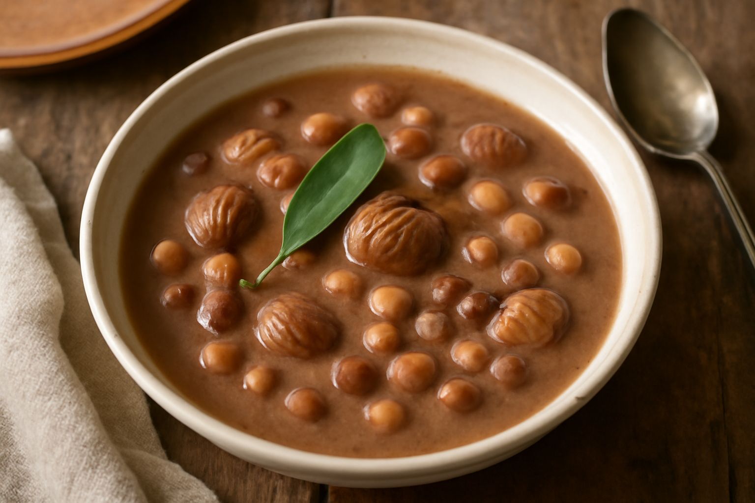 Minestra di castagne e legumi servita in ciotola di ceramica bianca, con castagne intere e pezzi visibili in brodo denso color nocciola, decorata con filo di olio e foglia di salvia fresca
