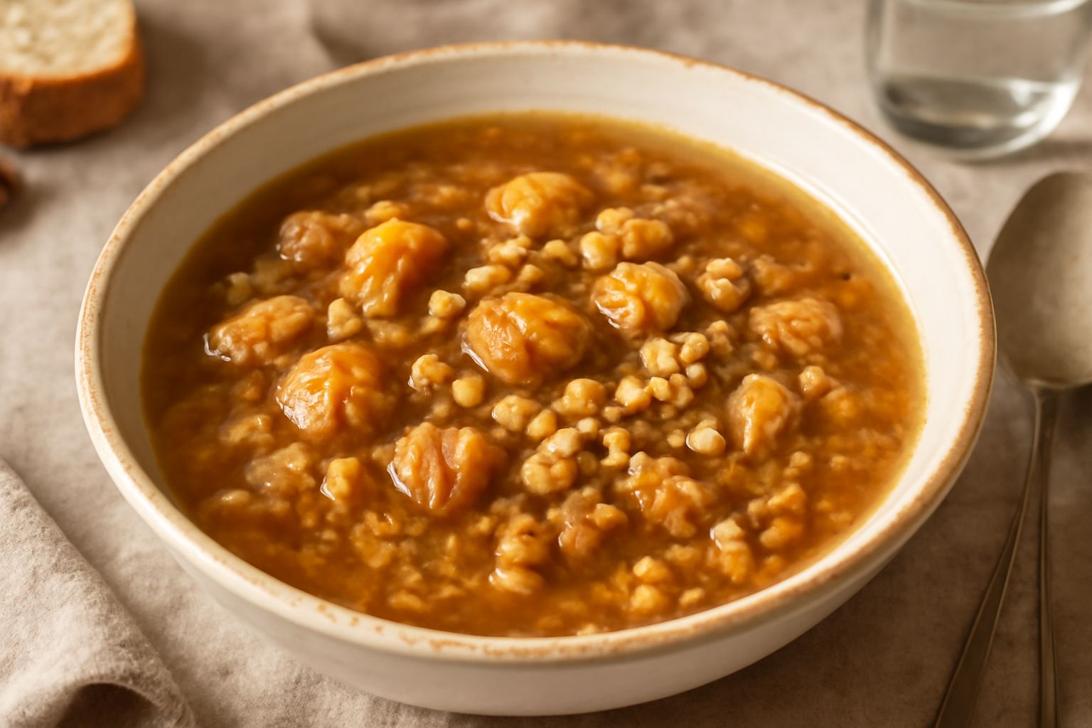 Minestra di castagne e noci in un piatto fondo bianco, liquido ambrato semitrasparente con pezzetti visibili di castagne e noci, alcuni pezzi di verdura verde, gocce di olio d'oliva brillante in super