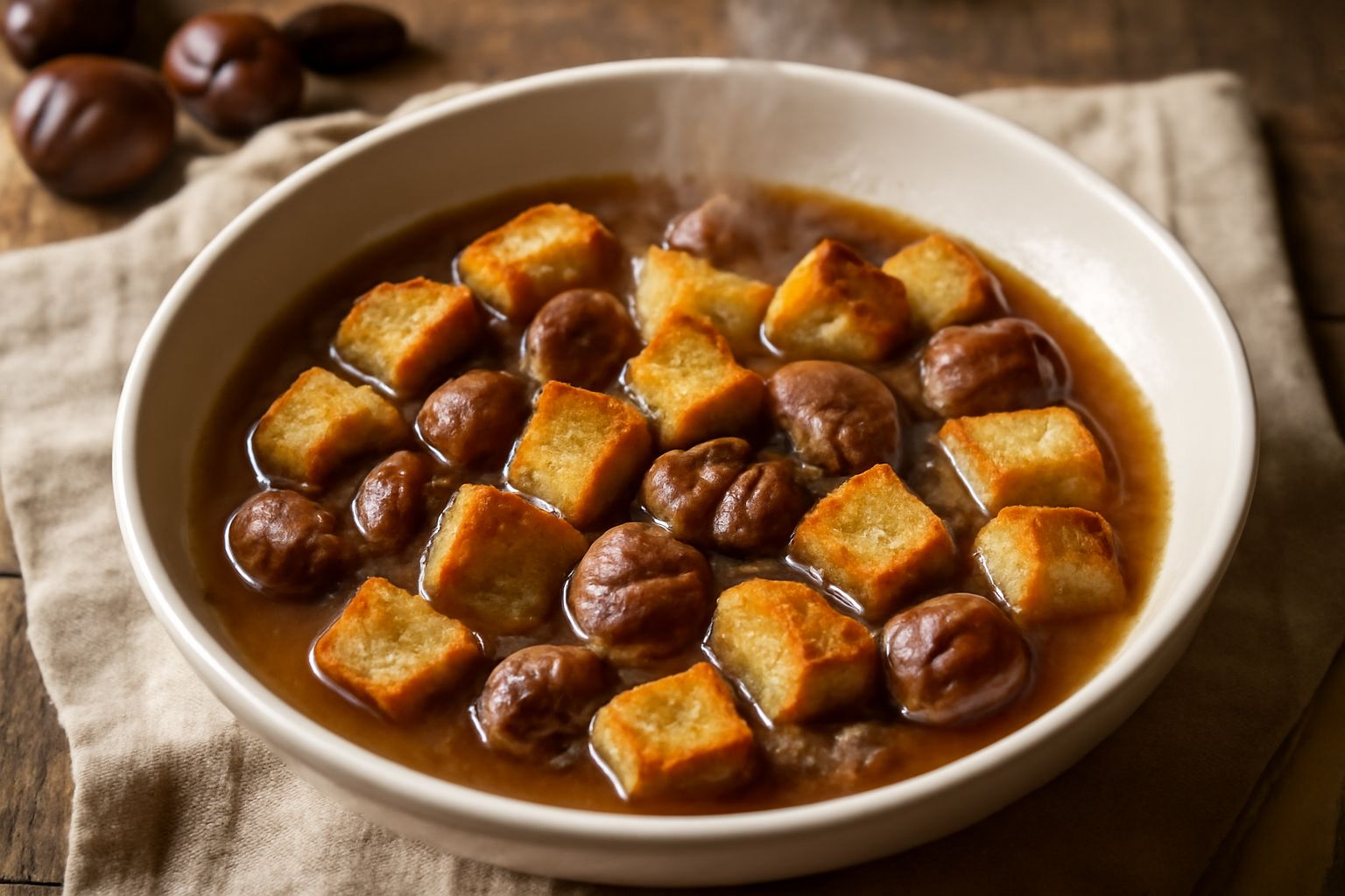Una ciotola di ceramica bianca con minestra fumante: castagne scure ammorbidite, cubi di pane tostato dorato galleggiano in brodo ambrato semitrasparente, spolverata di prezzemolo fresco verde in supe