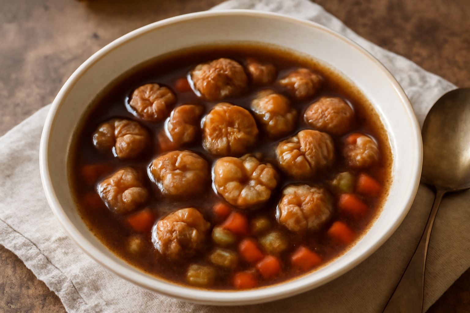 Ciotola di minestra di castagne secche fumante con brodo scuro trasparente, castagne ammorbidite visibili, dadini di verdure arancioni e verdi, servita in piatto fondo bianco con cucchiaio accanto