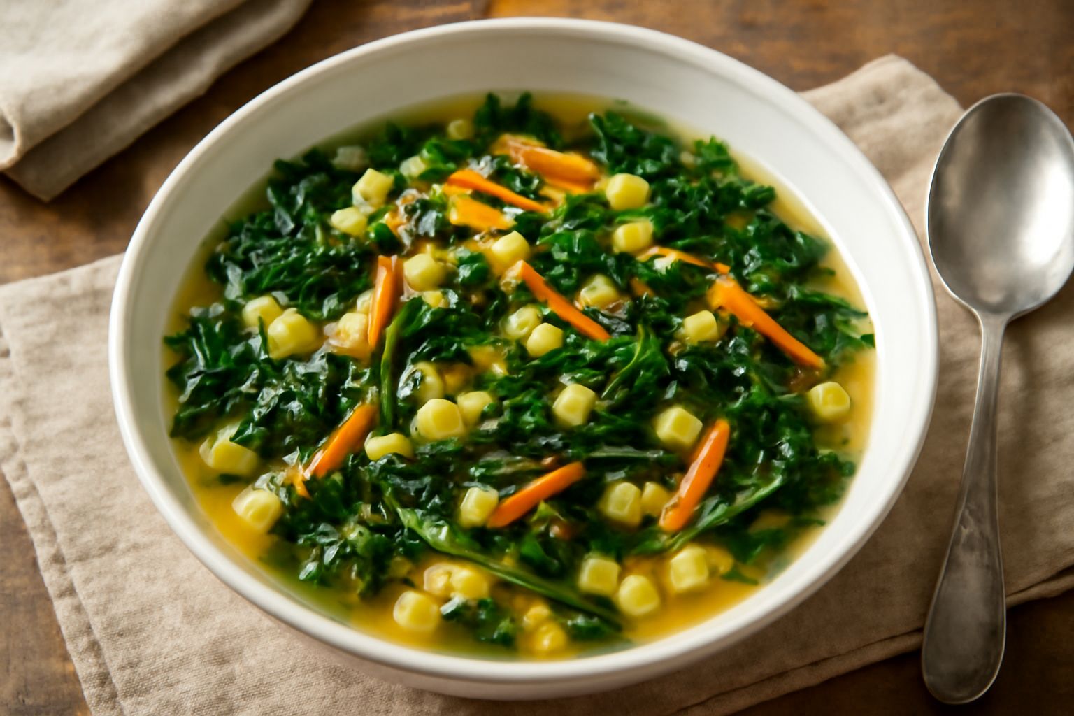 Minestra di catalogna in una ciotola bianca: pasta corta gialla in brodo trasparente con cavolo riccio verde, carote arancioni tagliate a julienne, e una spruzzata di prezzemolo fresco sulla superfici