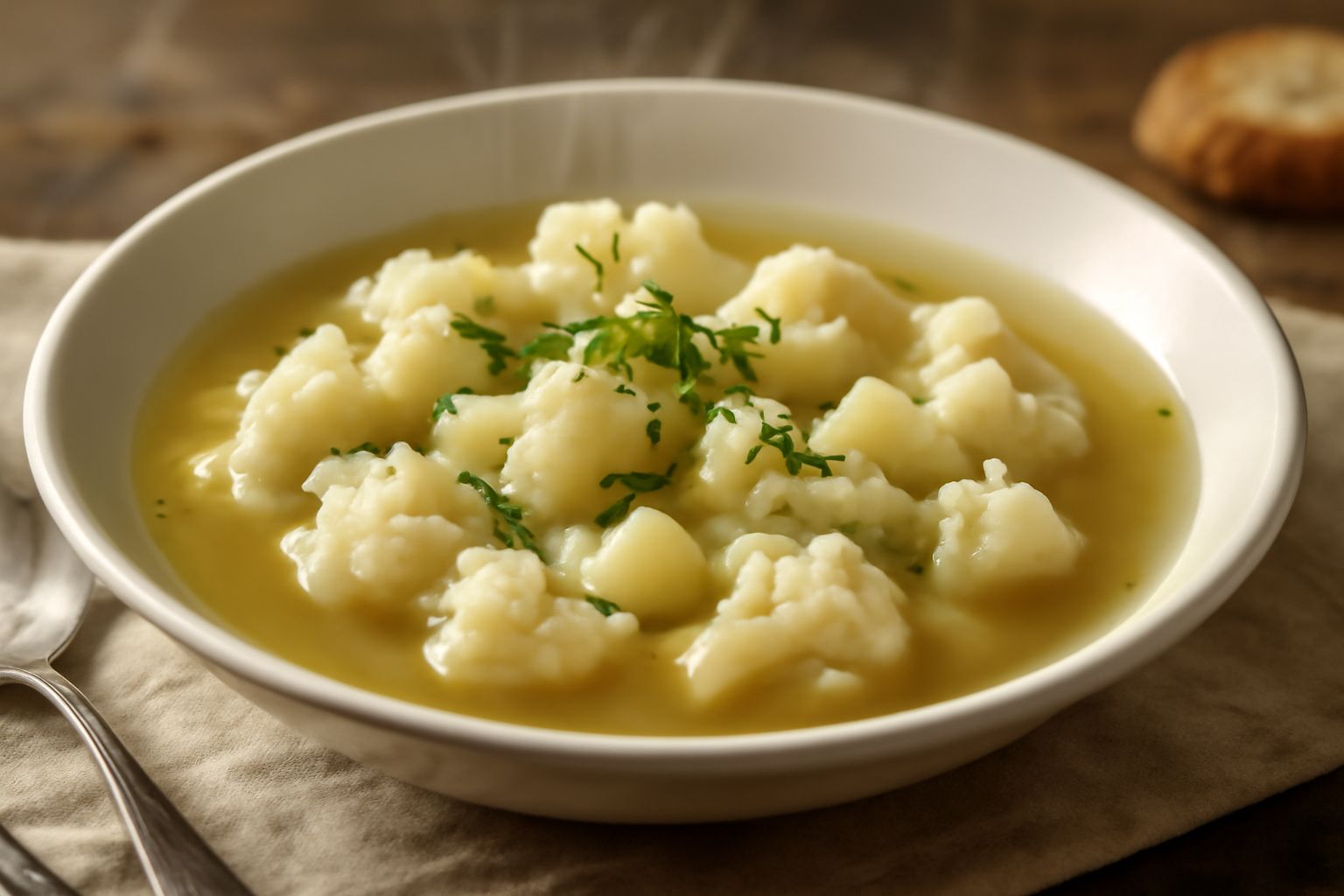 Ciotola di minestra di cavolfiore con pezzi di cavolfiore color crema, patate gialle, brodo trasparente, guarnita con prezzemolo fresco, servita in stoviglie bianche su un tavolo di legno naturale