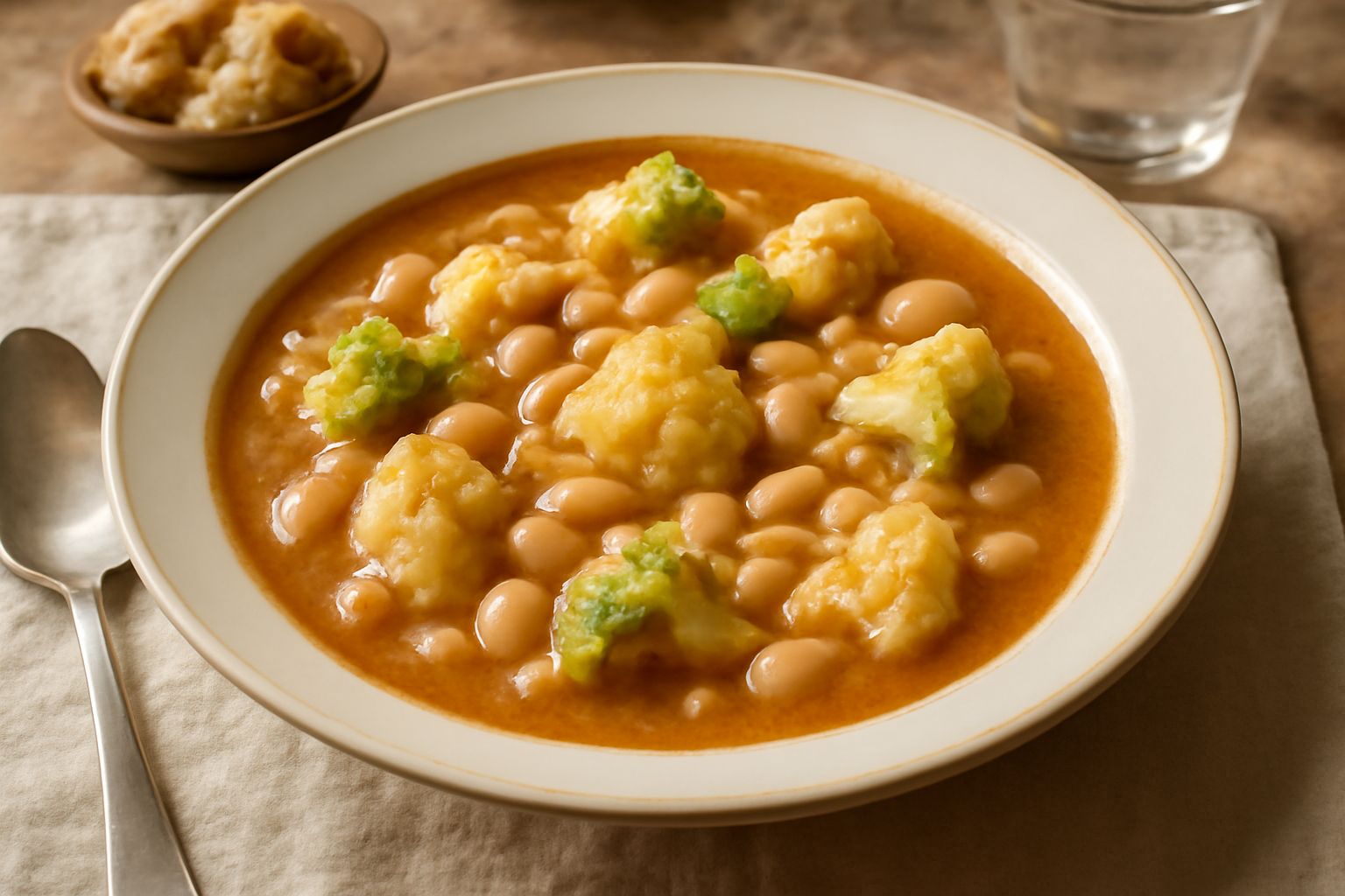 Minestra di cavolfiore e fagioli in ciotola bianca: brodo trasparente ambrato con pezzi di cavolfiore bianco e verde, fagioli interi beige, cipolla translucida, filo di olio verde in superficie, cucch