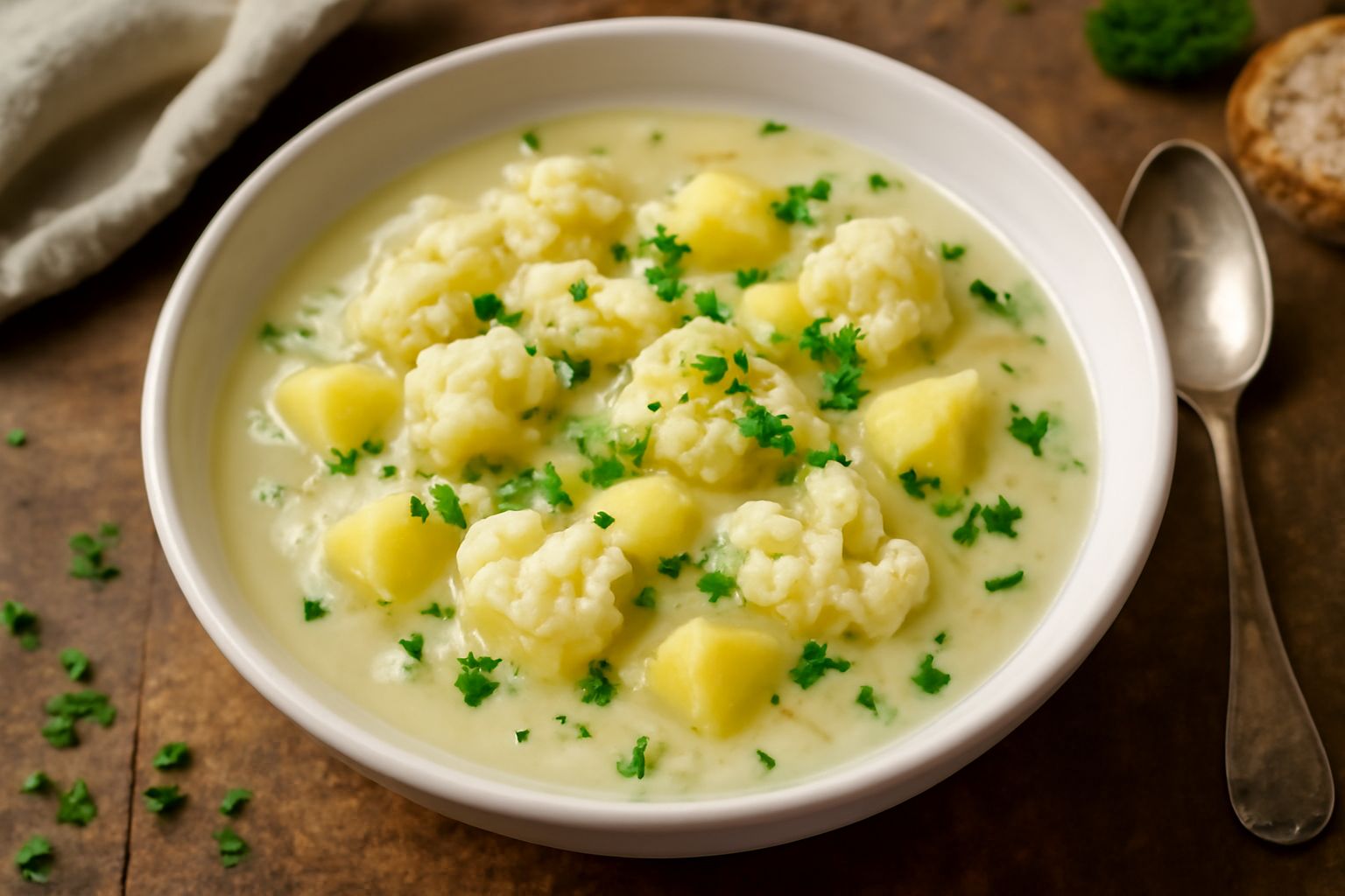 Piatto di minestra di cavolfiore e patate, con pezzetti di cavolfiore bianco e patate gialle in brodo trasparente, finita con filo di olio e prezzemolo verde, servita in scodella bianca