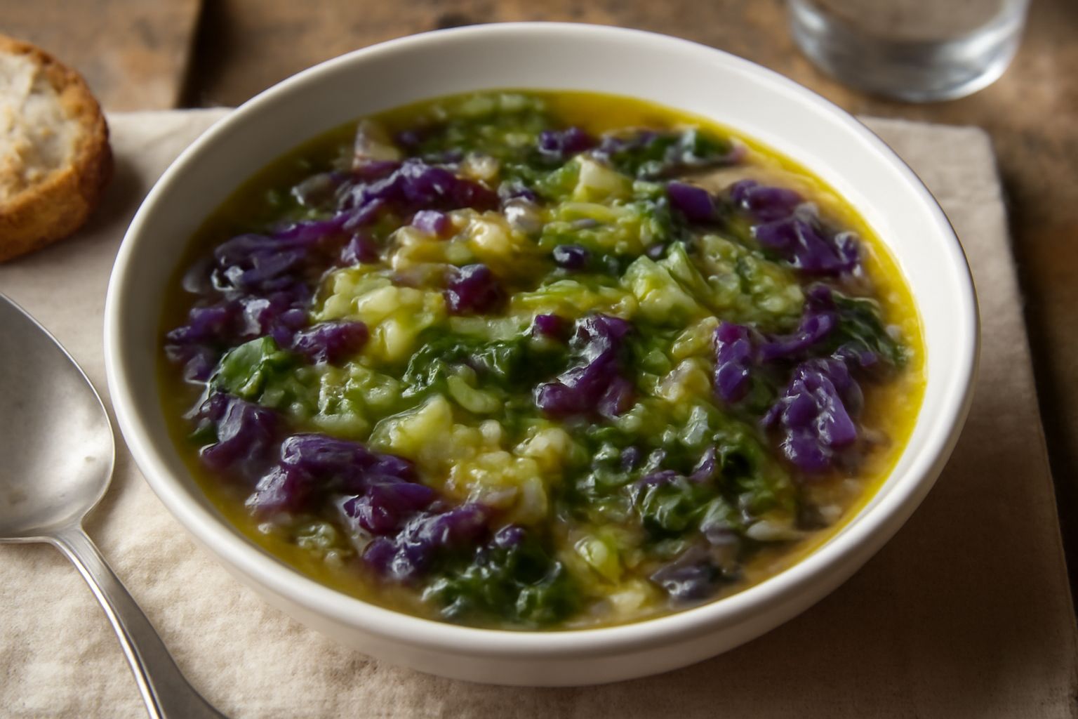 Minestra di cavoli in ciotola bianca, cavolo rosso e bianco visibile nel brodo trasparente, fili di cavolo morbido, olio d'oliva in superficie, pane tostato sul bordo del piatto
