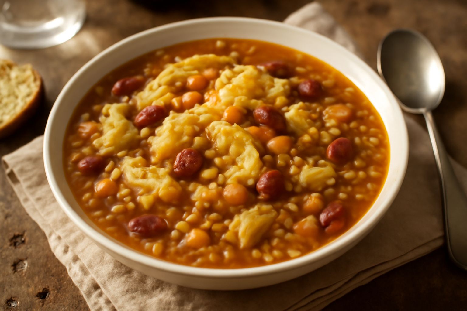 Minestra in ciotola bianca con cavolo rosso e verde a pezzi, fagioli borlotti e lenticchie giallo-rosse, condita con olio d'oliva, servita su tavolo in legno con pane tostato accanto