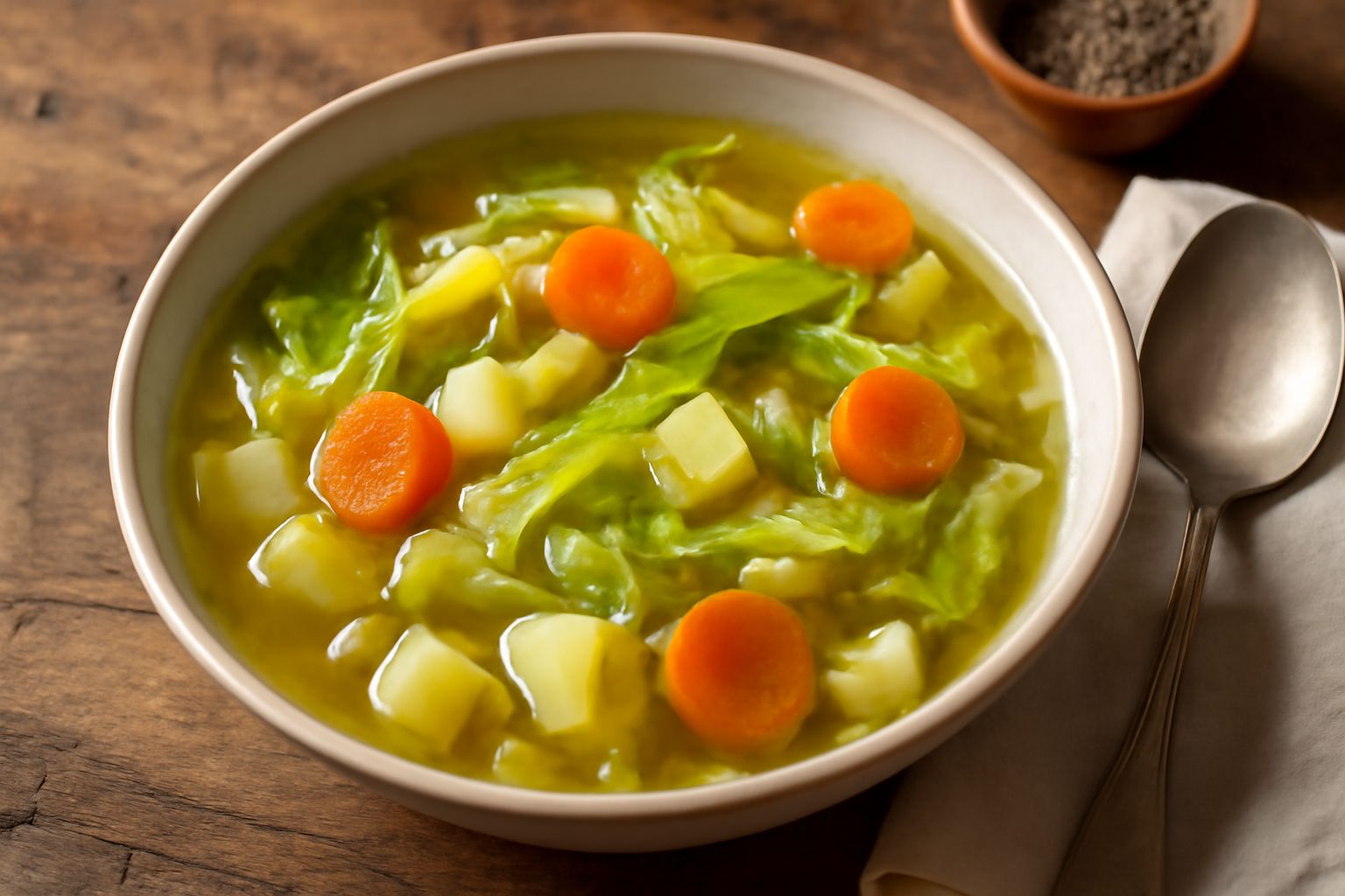 Minestra di cavolo in una ciotola di ceramica bianca: cavolo verde tenero, patate tagliate a dadini, carota arancione, brodo trasparente, con un filo d'olio verde in superficie e un cucchiaio dentro.