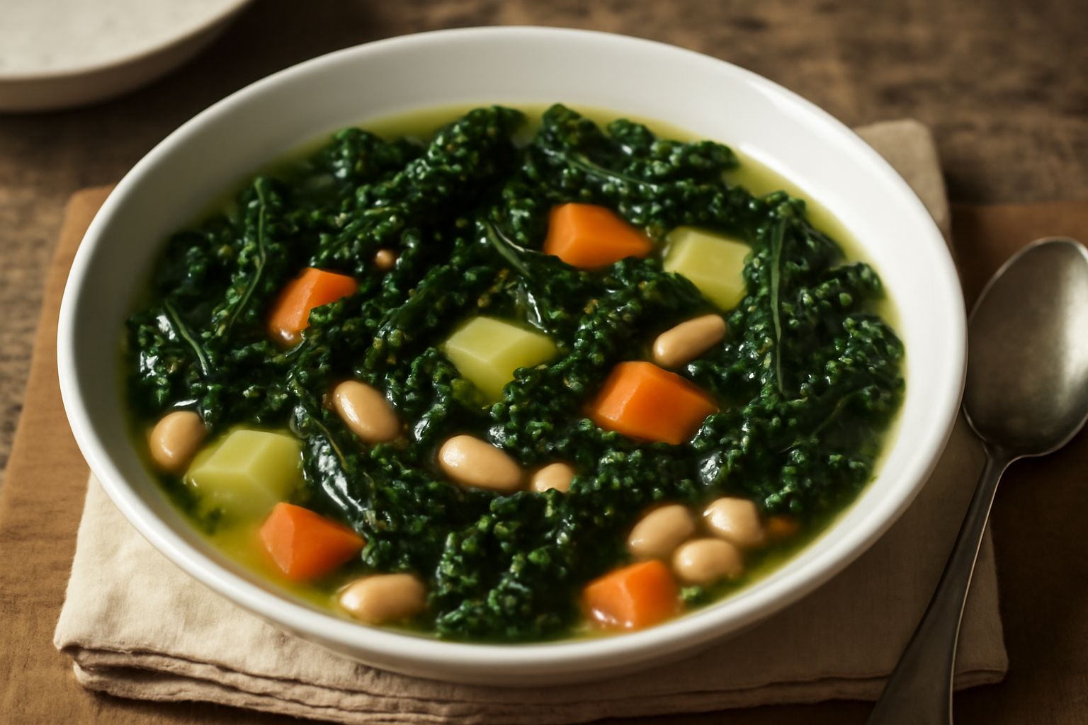 Una ciotola di ceramica bianca con minestra di cavolo nero, brodo trasparente, verdure a pezzi visibili, cavolo nero sgretolato di colore verde scuro, fette di pane tostato sul bordo, tavolo di legno 