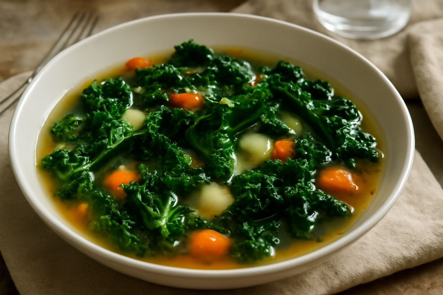 Minestra di cavolo riccio servita in ciotola bianca, cavolo verde scuro ben visibile, brodo caldo trasparente, con fette di pane tostato a lato e gocce di olio verde intenso sulla superficie