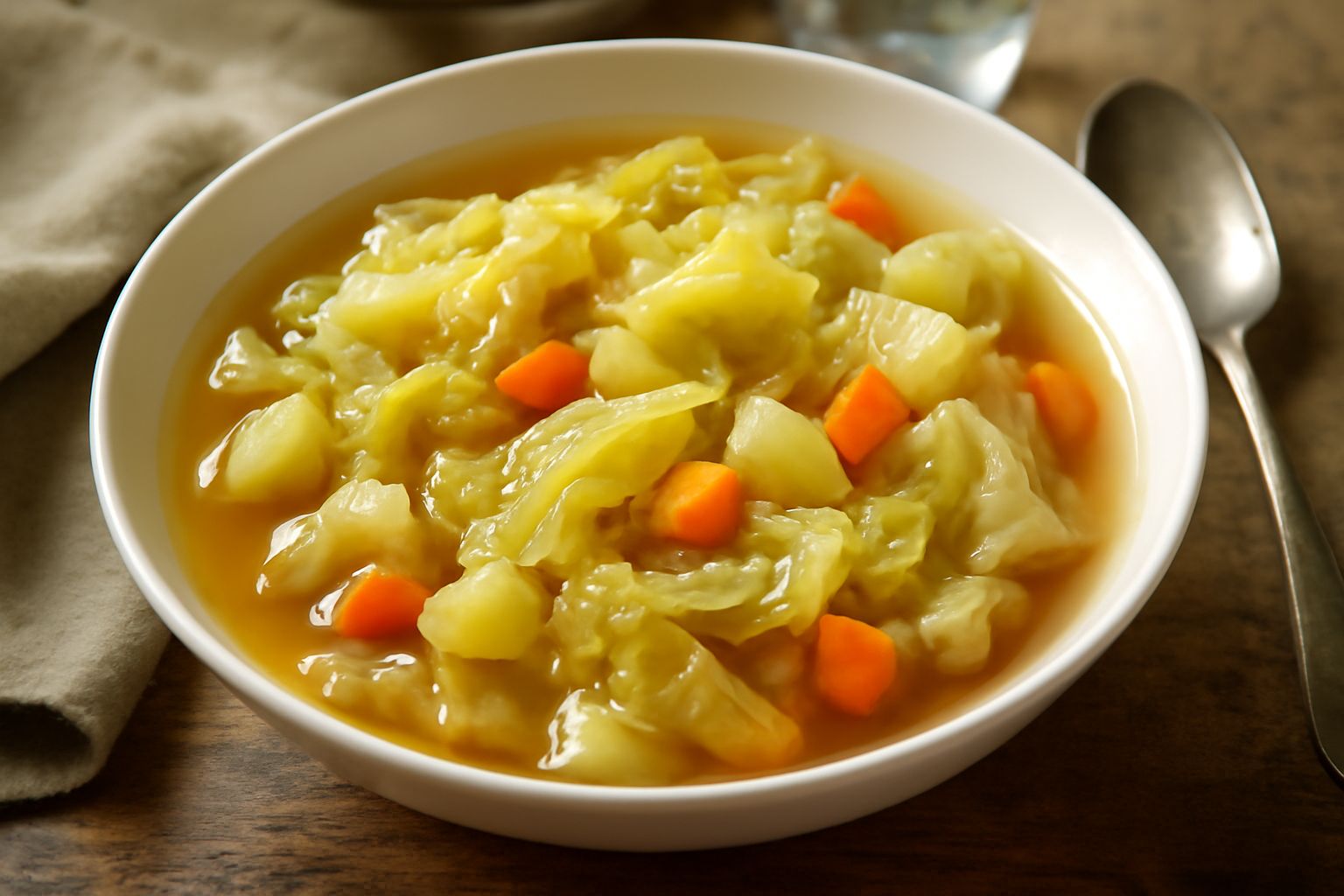 Ciotola di ceramica bianca con minestra di cavolo verza, brodo trasparente ambrato, pezzi di cavolo verde tenero, carota e patata visibili, un cucchiaio di legno poggiato sul bordo, tavolo di legno sc