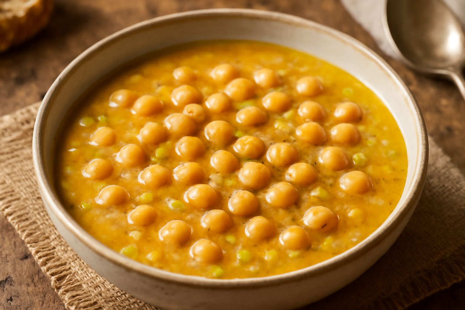 Ciotola di minestra di ceci color giallo cremoso con ceci visibili, verdure soffritte marroni, gocce d'olio extravergine in superficie e pane tostato a bordo