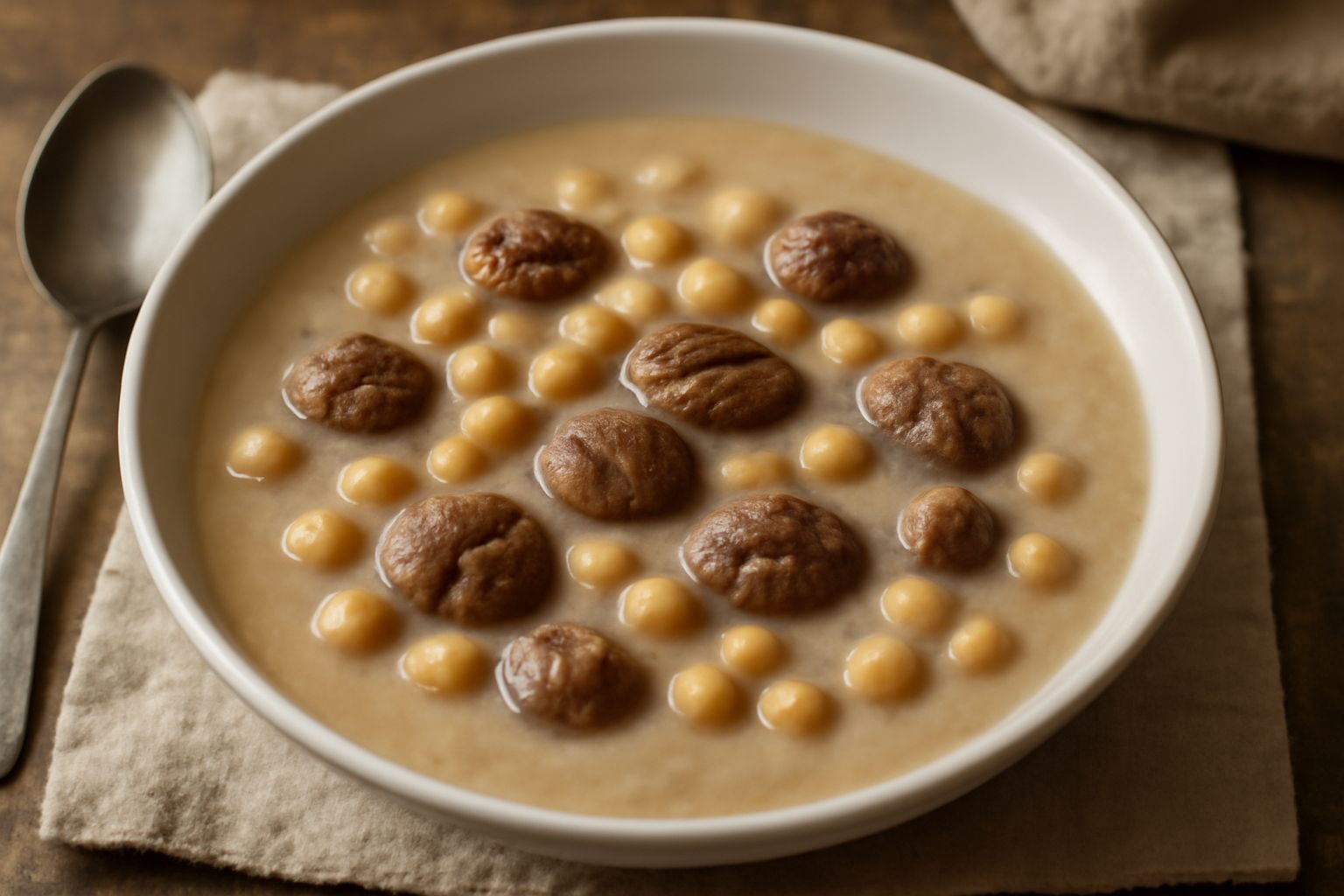 Minestra di ceci e castagne in ciotola bianca con ceci gialli, castagne marroni e brodo trasparente, servita con cucchiaio di legno su tavolo di legno