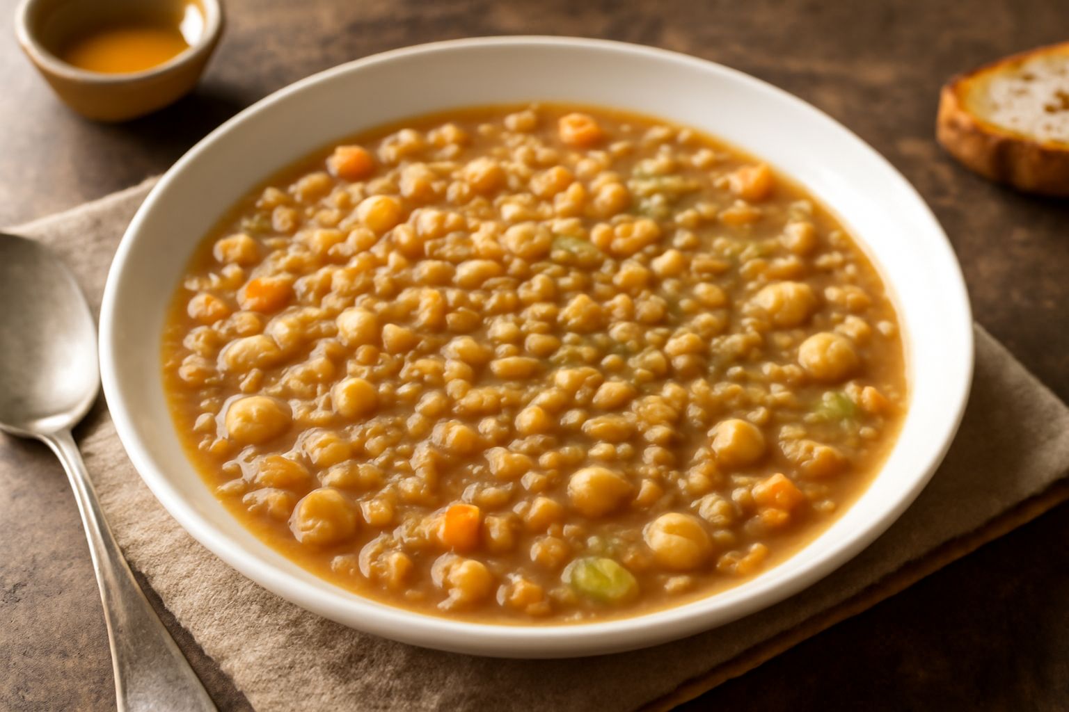 Ciotola di ceramica bianca con minestra di ceci e grano: chicchi di grano gonfi e beige, ceci interi color ocra, brodo trasparente color nocciola, sedano e carota visibili, leggero filo di olio in sup