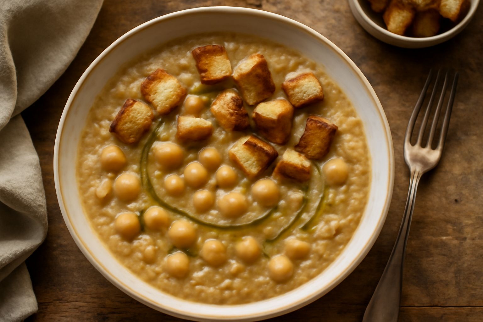 Minestra di ceci e pane raffermo in una ciotola di ceramica bianca, con ceci visibili in brodo cremoso beige, cubetti di pane tostato galleggianti, un filo d'olio d'oliva verde scuro e prezzemolo fres