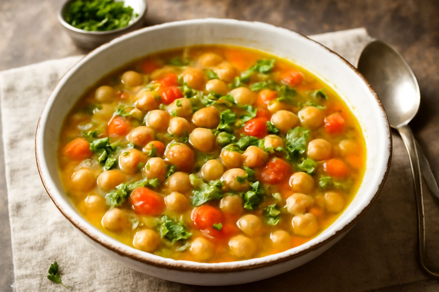 Minestra di ceci e verdure in una ciotola bianca: brodo trasparente con ceci gialli, cubetti di carota arancione, sedano bianco-verde, pomodoro rosso, prezzemolo fresco verde sulla superficie
