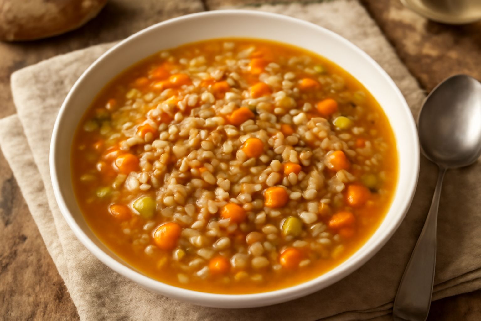 Ciotola di minestra con cereali visibili, brodo dorato, verdure tagliate a dadini e pezzi di verdure galleggianti in superficie, servita in piatto bianco profondo