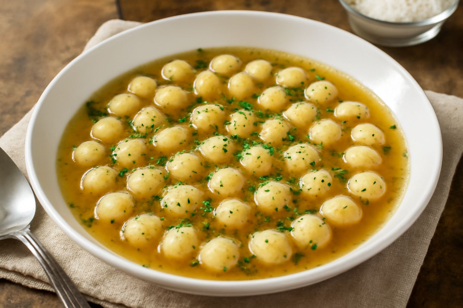 Una ciotola di ceramica bianca con minestra di chicche, brodo trasparente e giallo dorato, piccoli gnocchetti tondi ben definiti, prezzemolo fresco tritato in superficie, cucchiaio in argento appoggia