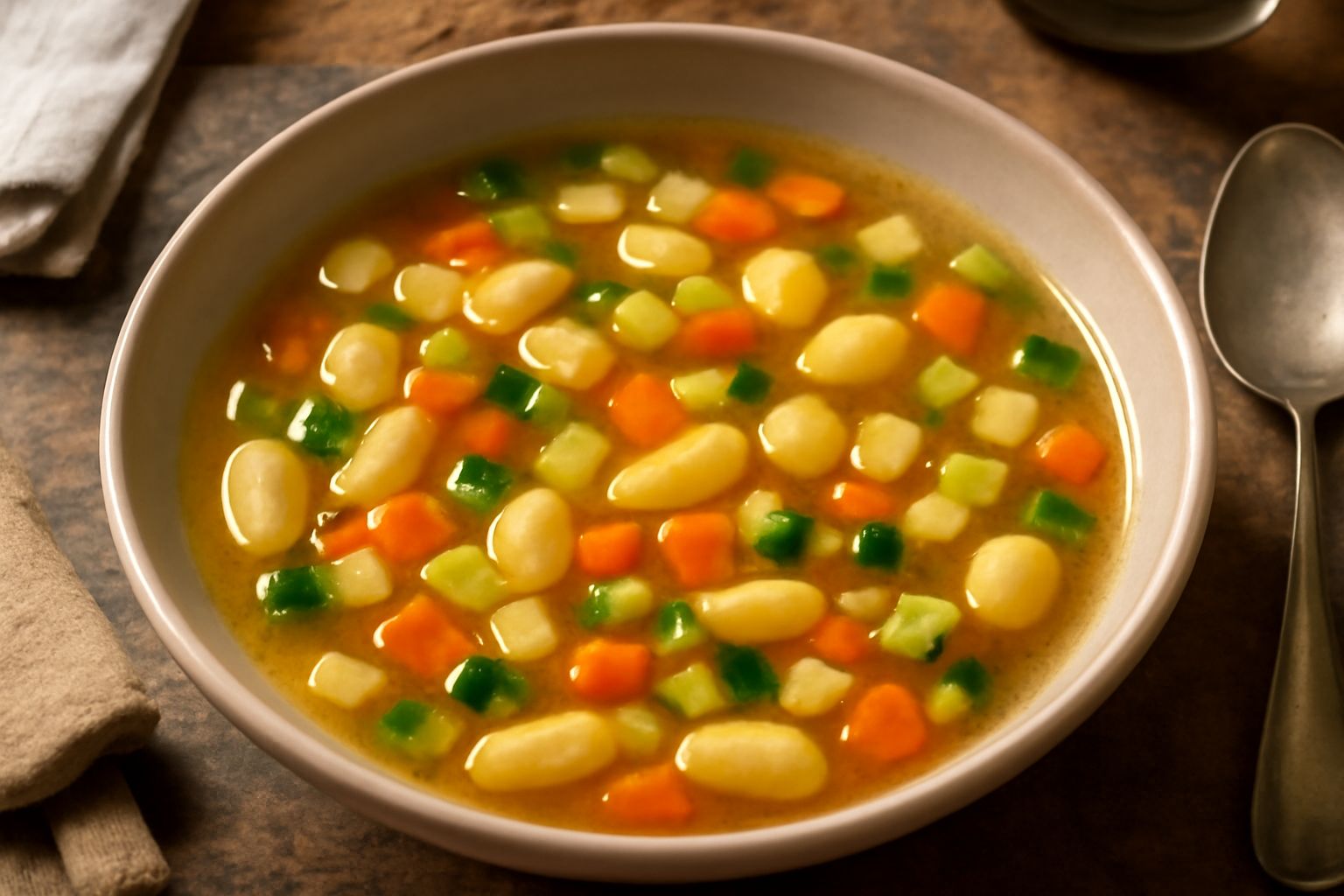 Minestra in ciotola di ceramica bianca: brodo trasparente con verdure tagliate a dadini, chicche gialline sparse, prezzemolo fresco verde in superficie, cucchiaio di legno appoggiato sul bordo