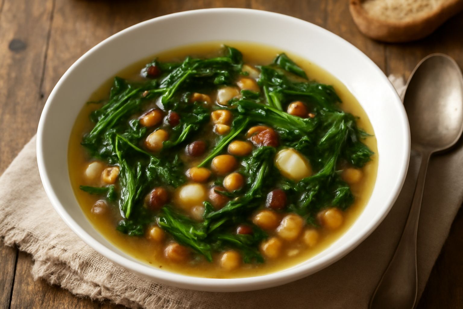 Minestra di chicoria in ciotola bianca fonda con brodo trasparente, pezzi di chicoria verde scuro, fagioli bianchi, fette di pane tostato ai bordi, filo di olio extra vergine in superficie, servita su