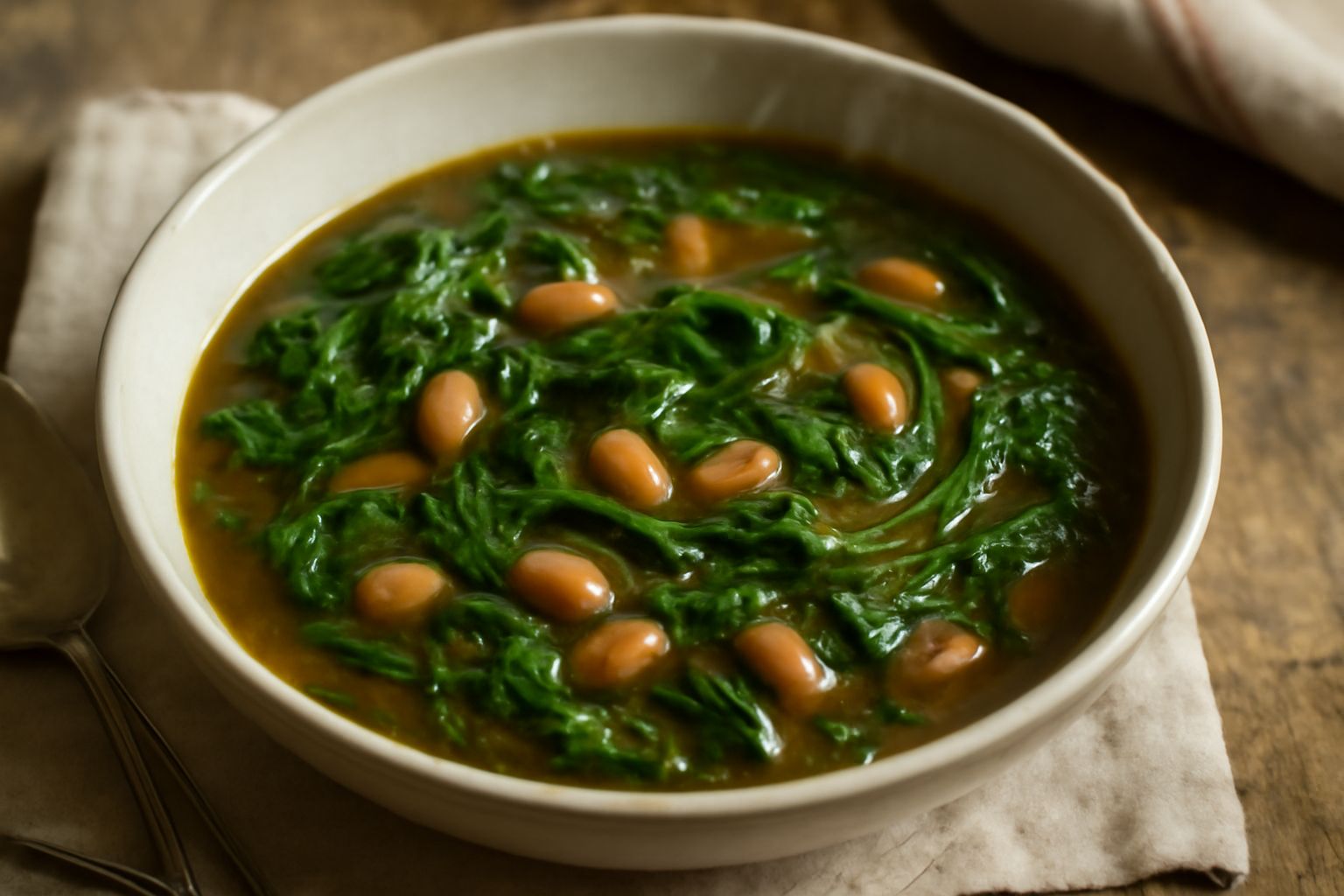 Ciotola di minestra di chicoria e fagioli con brodo marrone scuro, foglie di chicoria verde scuro, fagioli bianchi e rossi visibili, filo d'olio d'oliva in superficie, pane tostato accanto al piatto