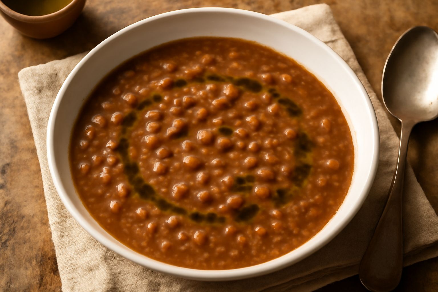 Ciotola di ceramica bianca con minestra di cicerchia: legumi marrone-rossicci in brodo denso, olio d'oliva in superficie, fette di pane tostato accanto, cucchiaio di legno appoggiato al bordo