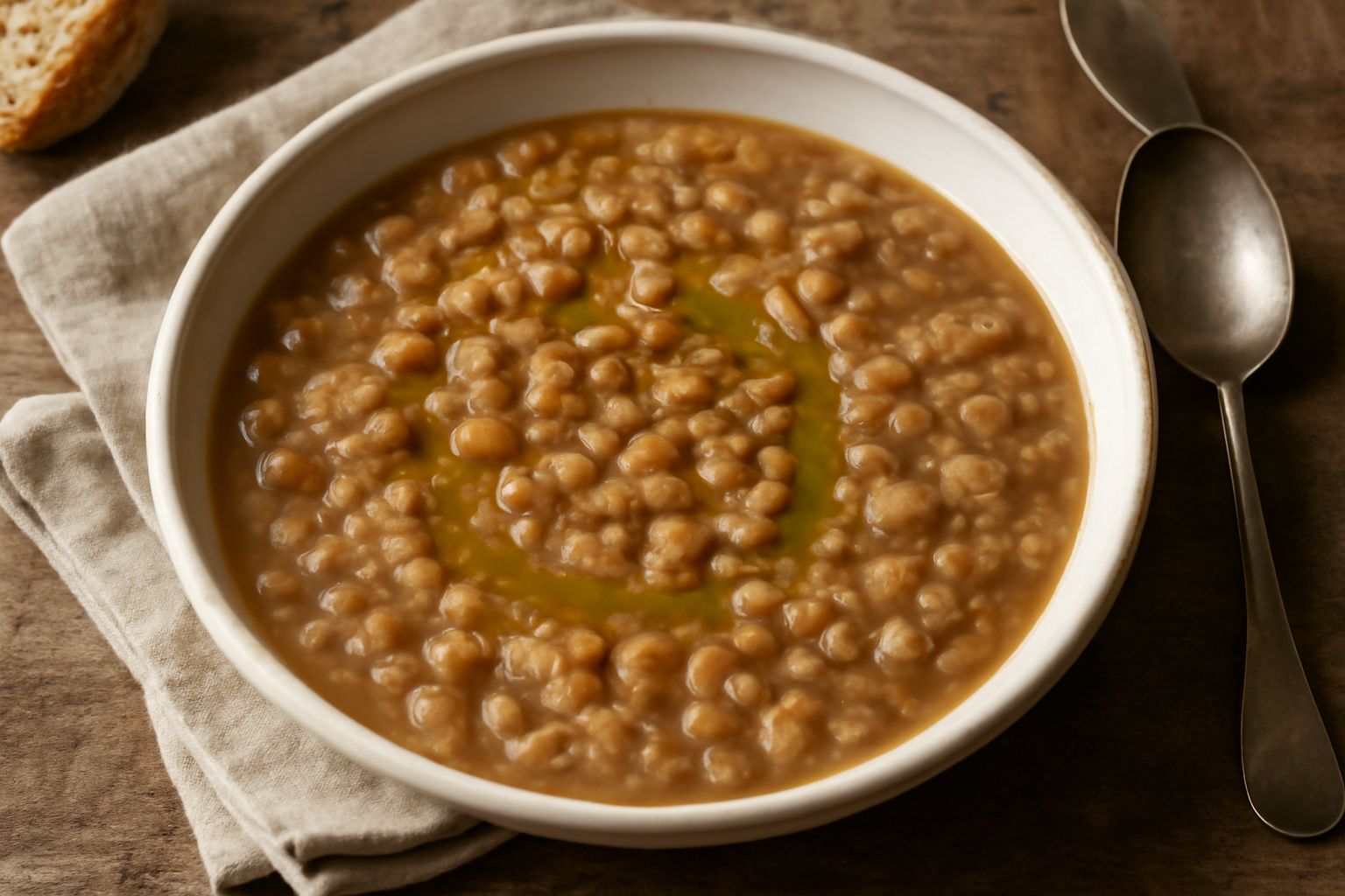 Ciotola di ceramica con minestra di cicerchie: chicchi marroni piccoli in brodo denso, cipolla morbida, olio d'oliva dorato in superficie, pane tostato accanto
